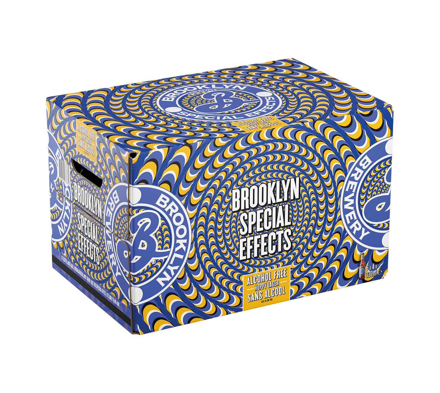 Brooklyn Special Effects Hoppy Lager alkoholfrei im 24x33cl Pack, auffaelliges buntes psychedelisches Design, Craft Bier, Premium Lager, alkoholfreies Bier vor neutralem Hintergrund