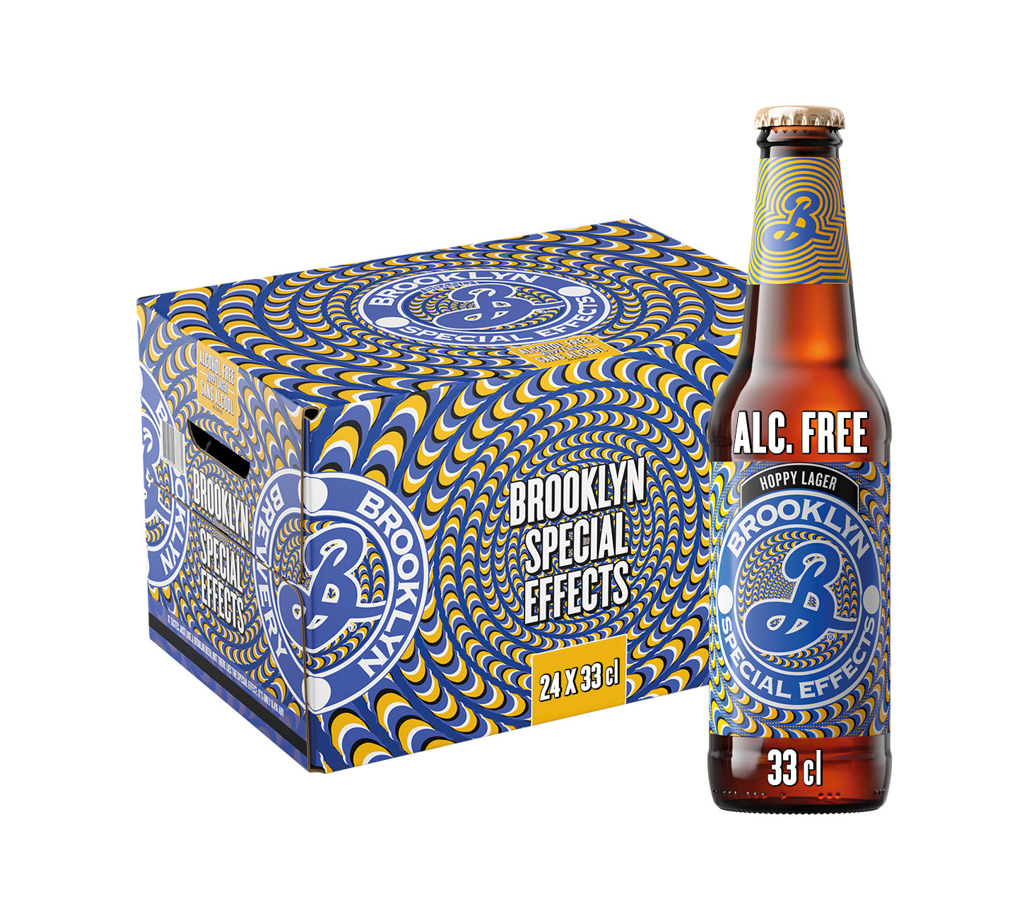Brooklyn Special Effects Hoppy Lager alkoholfrei im 24x33cl Pack mit Einzelflasche, buntes psychedelisches Design, Craft Bier, Erfrischung, Premium Lager vor neutralem Hintergrund