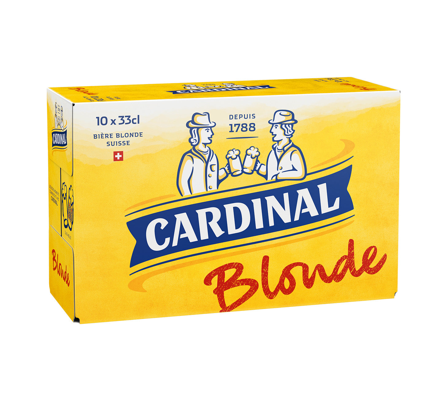 DE: Cardinal Blonde Bier 33cl Harasse, gelbe Kiste mit Flaschen, mildes Schweizer Lagerbier.
FR: Cardinal Blonde bière 33cl caisse, caisse jaune avec bouteilles, bière suisse légère.
IT: Cardinal Blonde birra 33cl cassa, cassa gialla con bottiglie, birra svizzera chiara.