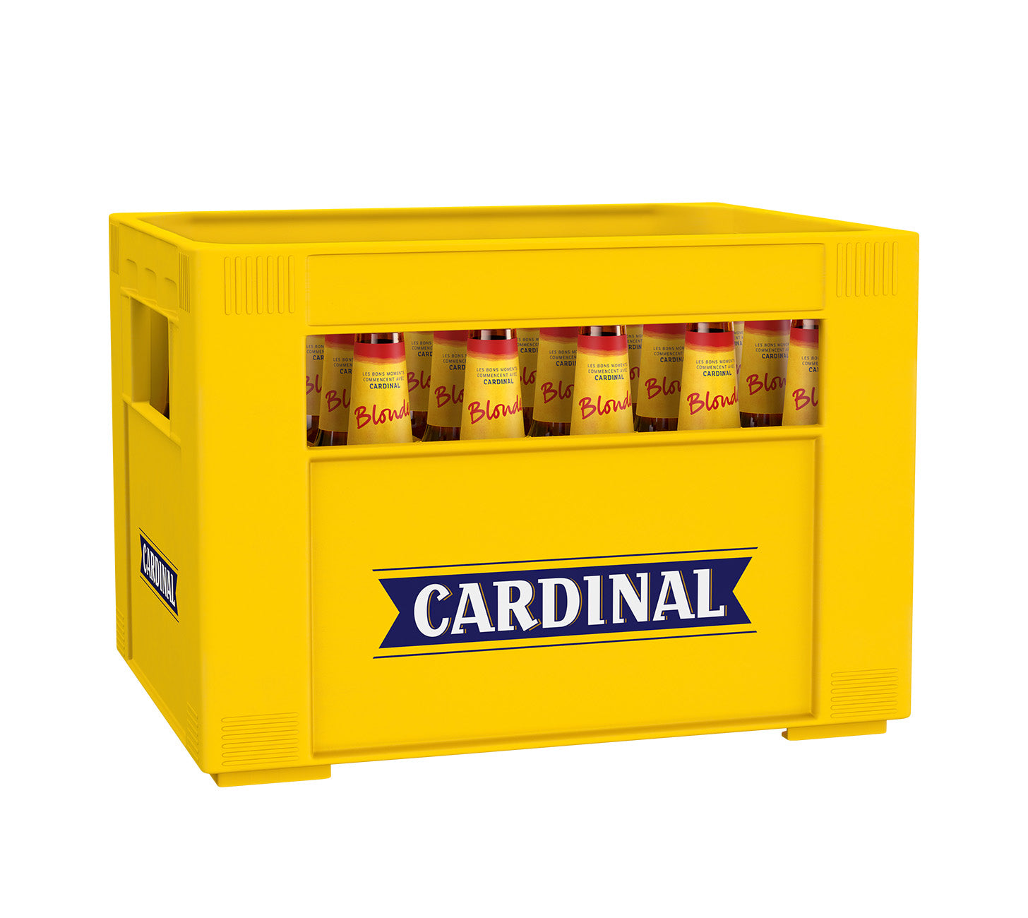 DE:
Cardinal Blonde Bier 33cl 24-Harasse, mildes Schweizer Lagerbier in gelber Cardinal-Kiste, mit sichtbaren Flaschen im Kasten.

FR:
Cardinal Blonde bière 33cl caisse 24, bière suisse légère en caisse jaune Cardinal, bouteilles visibles.

IT:
Cardinal Blonde birra 33cl cassa 24, birra svizzera chiara in cassetta gialla Cardinal con bottiglie visibili.