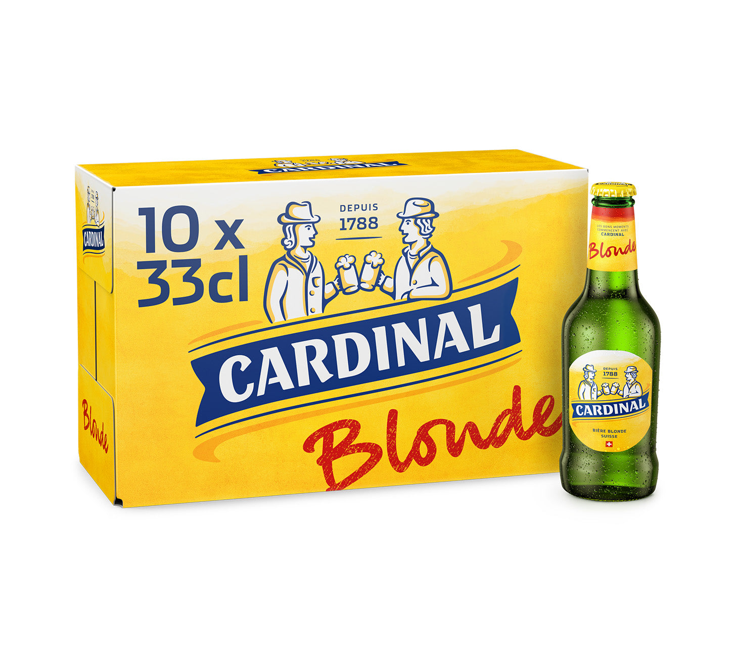 DE: Cardinal Blonde Bier 33cl 10-Pack (MHI), mildes Schweizer Lagerbier, mit Einzelflasche, Verpackungsansicht.
FR: Cardinal Blonde bière 33cl pack de 10 (MHI), bière suisse légère, avec bouteille individuelle, vue de l’emballage.
IT: Cardinal Blonde birra 33cl confezione da 10 (MHI), birra svizzera chiara, con bottiglia singola, vista confezione.

Keywords: cardinal, blonde, schweizer bier, lager, feldschloesschen-getraenkeshop