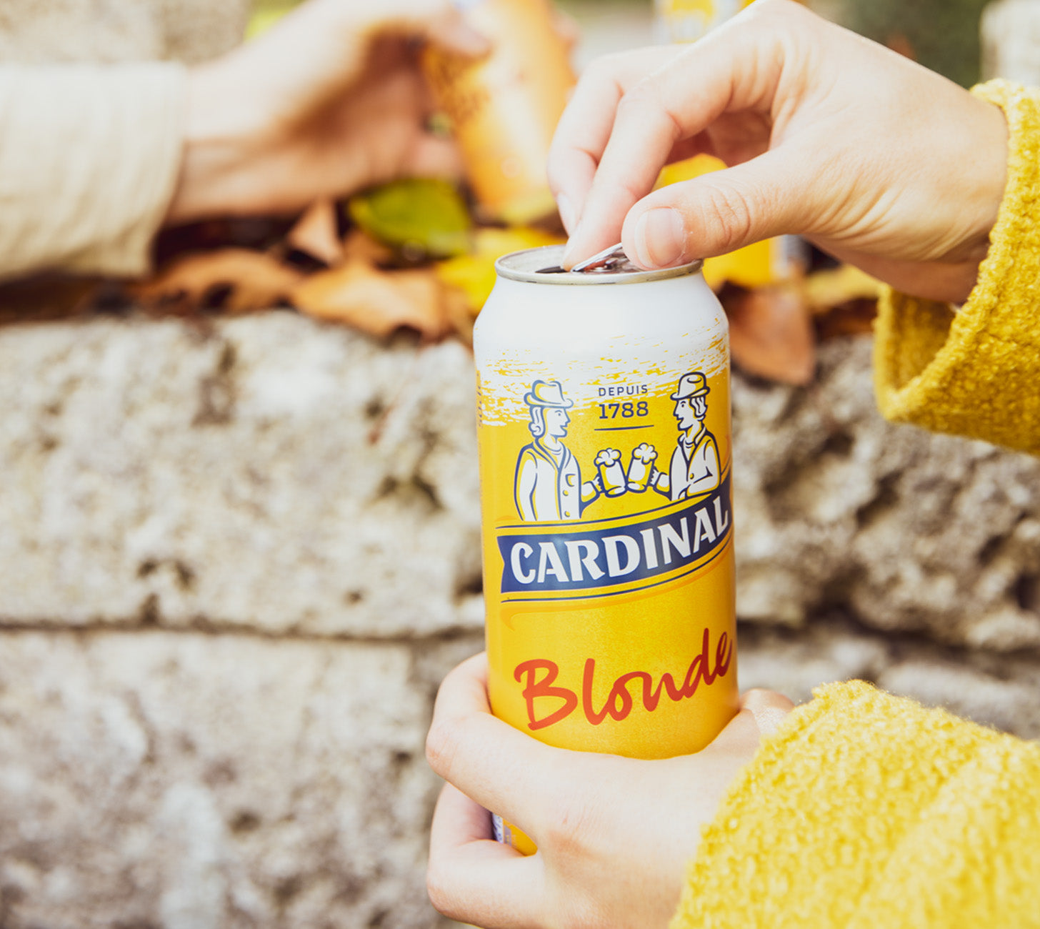 DE: Hand öffnet Cardinal Blonde Dose 50cl im Freien

FR: Main ouvrant une canette Cardinal Blonde 50cl en exterieur

IT: Mano che apre Cardinal Blonde 50cl all’aperto