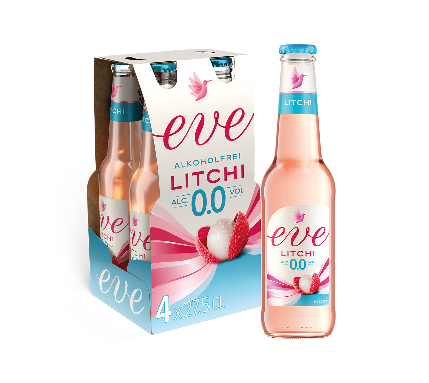 DE: Eve Litchi 0.0% alkoholfreies Biermischgetränk 4x27.5cl, fruchtige Litchi-Note, MHI.

FR: Eve Litchi 0.0% boisson sans alcool à base de bière 4x27.5cl, goût litchi, MHI.

IT: Eve Litchi 0.0% bevanda analcolica a base di birra 4x27.5cl, gusto litchi, MHI.