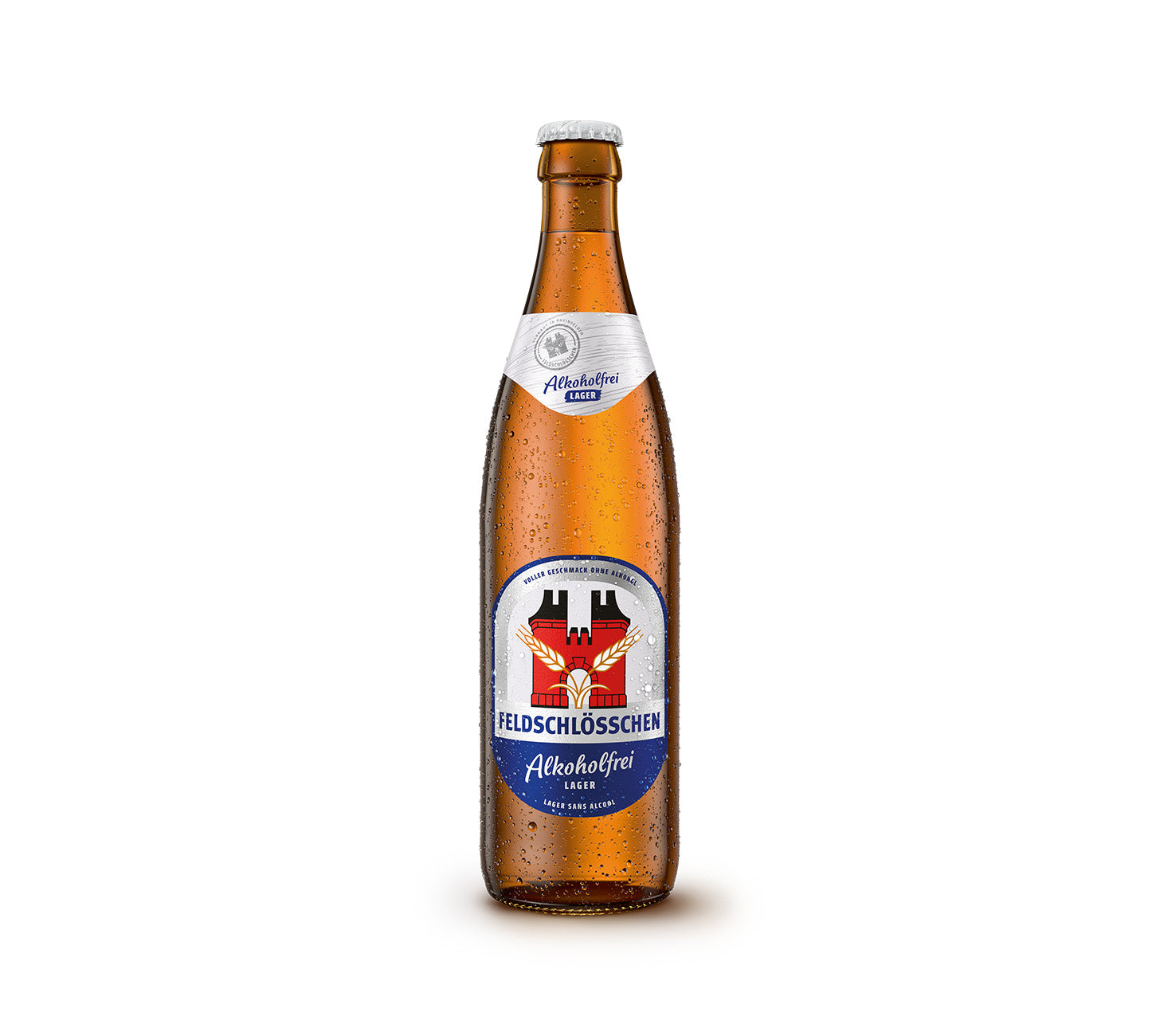 DE: Feldschloesschen Alkoholfrei Lager – alkoholfreies Bier mit mildem Geschmack, Einzelflasche, vor neutralem Hintergrund.

FR: Feldschloesschen Lager Sans Alcool – bière sans alcool au goût doux, bouteille individuelle, sur fond neutre.

IT: Feldschloesschen Lager Analcolico – birra senza alcool dal gusto delicato, bottiglia singola, su sfondo neutro.