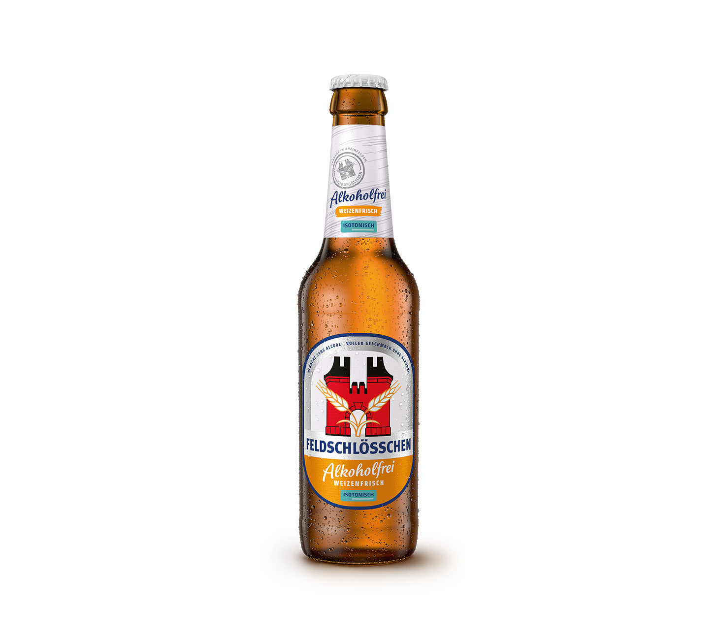 DE: Feldschloesschen Alkoholfrei Weizenfrisch – isotonisches, alkoholfreies Weizenbier mit fruchtigem Geschmack, Einzelflasche, vor neutralem Hintergrund.

FR: Feldschloesschen Sans Alcool Weizenfrisch – bière blanche sans alcool et isotonique, goût fruité et rafraîchissant, bouteille individuelle, sur fond neutre.

IT: Feldschloesschen Analcolica Weizenfrisch – birra di frumento analcolica e isotonica, gusto fruttato e rinfrescante, bottiglia singola, su sfondo neutro.