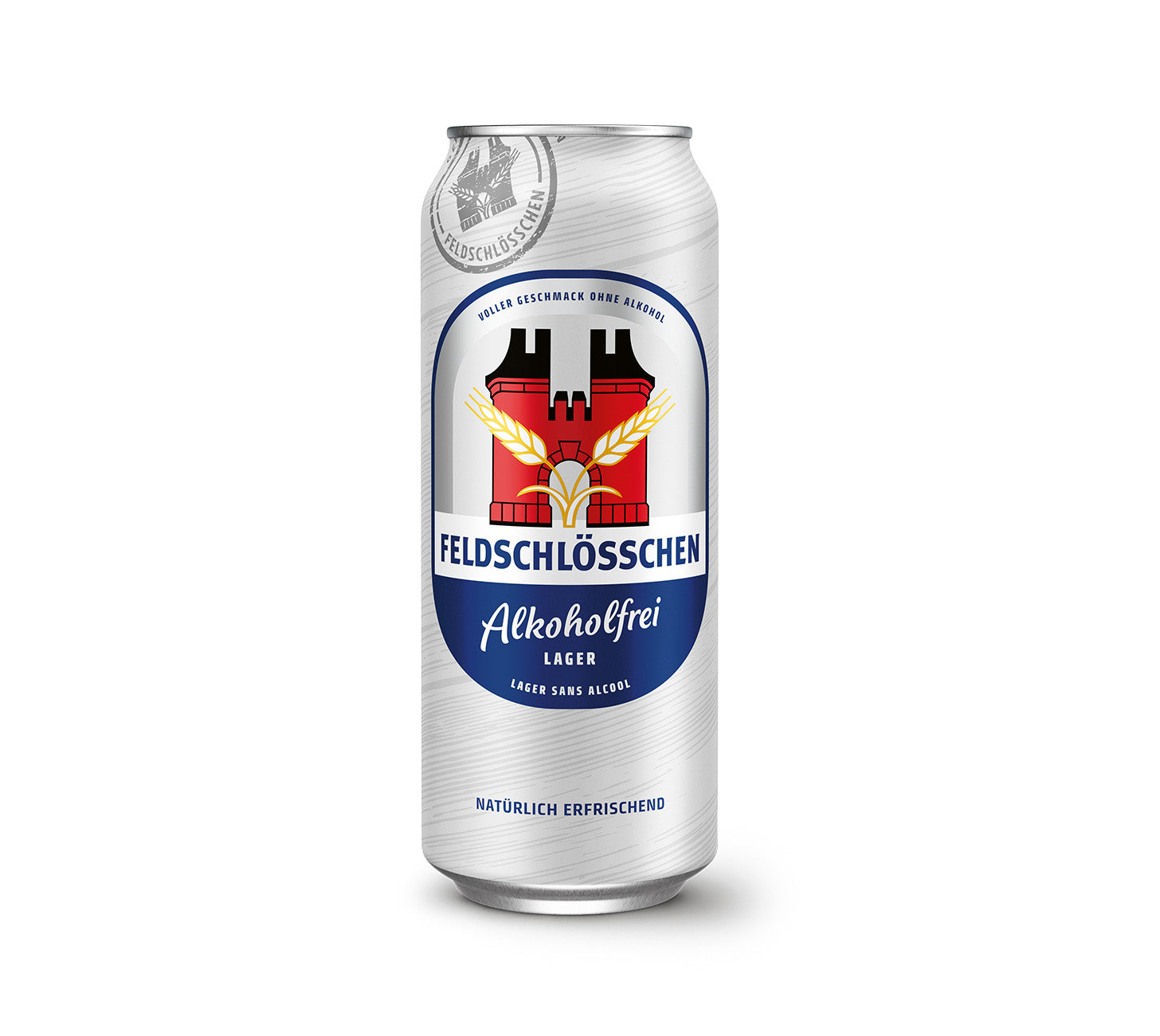Feldschloesschen Alkoholfrei Lager 50cl Dose, alkoholfreies Schweizer Bier mit ausgewogen mildem Aroma – vor neutralem Hintergrund.