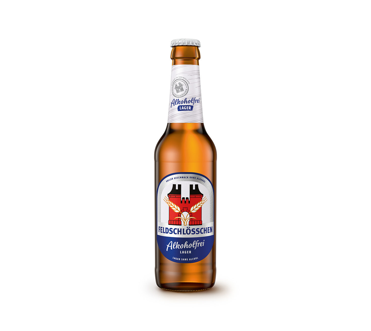DE: Feldschloesschen Alkoholfrei Lager – alkoholfreies Bier, Einzelflasche, vor neutralem Hintergrund.

FR: Feldschloesschen Lager Sans Alcool – bière sans alcool, bouteille individuelle, sur fond neutre.

IT: Feldschloesschen Lager Analcolico – birra senza alcool, bottiglia singola, su sfondo neutro.