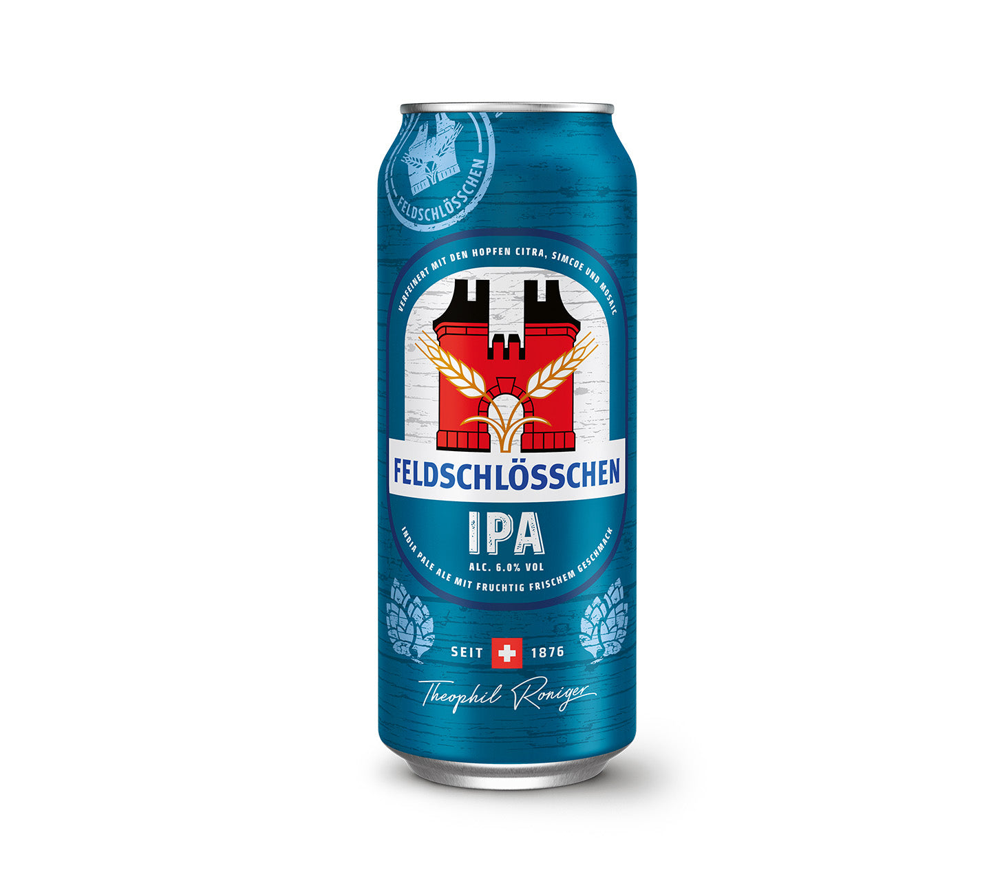 DE: Feldschloesschen IPA – India Pale Ale mit fruchtig-frischem Geschmack und feiner Hopfennote, Einzeldose, vor neutralem Hintergrund.

FR: Feldschloesschen IPA – bière India Pale Ale au goût frais et fruité avec des notes houblonnées, canette individuelle, sur fond neutre.

IT: Feldschloesschen IPA – birra India Pale Ale dal gusto fresco e fruttato con note di luppolo, lattina singola, su sfondo neutro.
