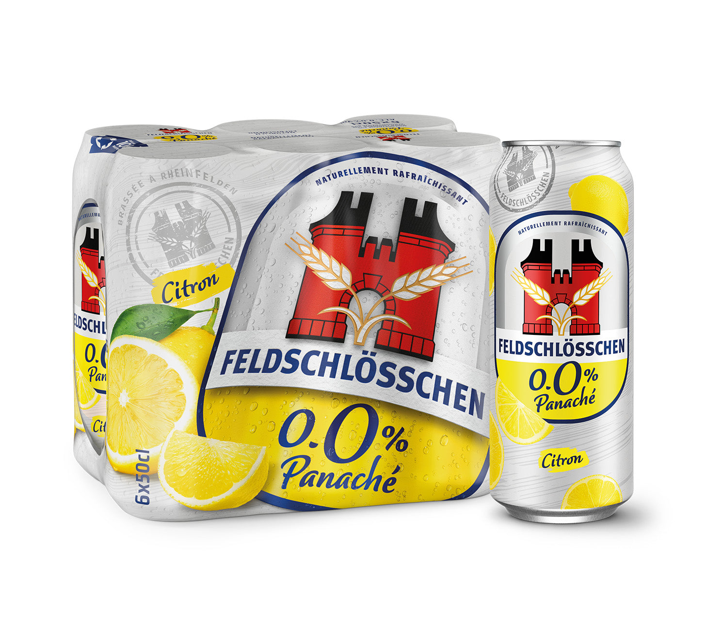 DE: Feldschloesschen Zitrone 0.0% – alkoholfreies Biermischgetränk mit erfrischendem Zitronengeschmack, 6×50 cl Dosenpack, vor neutralem Hintergrund.

FR: Feldschloesschen Citron 0.0% – boisson à base de bière sans alcool au goût rafraîchissant de citron, pack de 6×50 cl canettes, sur fond neutre.

IT: Feldschloesschen Limone 0.0% – bevanda a base di birra analcolica dal gusto rinfrescante di limone, confezione da 6×50 cl lattine, su sfondo neutro.