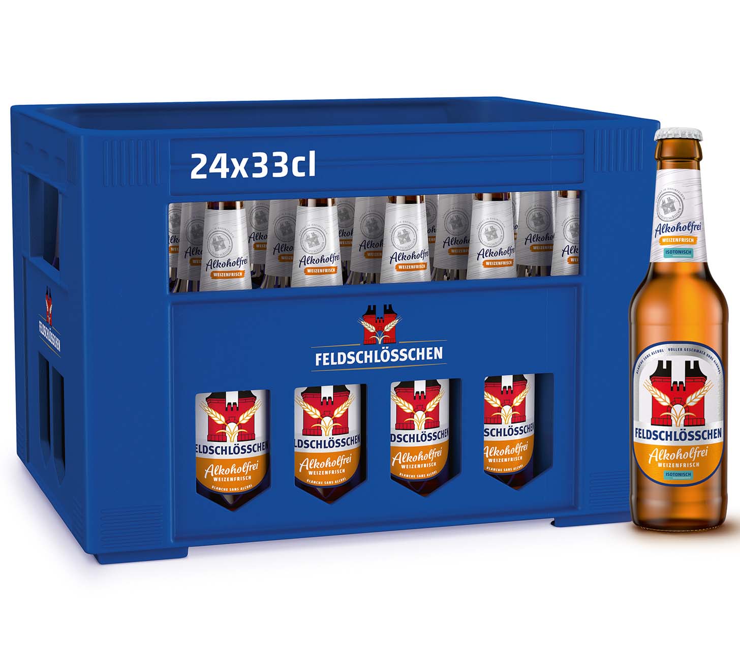 DE: Feldschloesschen Weizenfrisch Alkoholfrei – isotonisches Bier, 24x33 cl Harasse

FR: Feldschloesschen Weizenfrisch Sans Alcool – biere isotonique, caisse 24x33 cl bouteilles

IT: Feldschloesschen Weizenfrisch Analcolico – birra isotonica, cassa 24x33 cl bottiglie