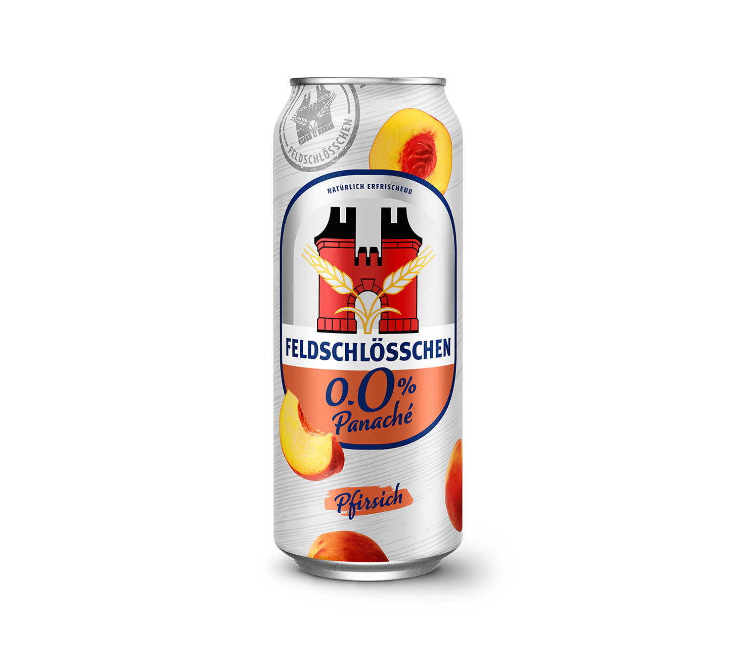 DE: Feldschlösschen Panaché Pfirsich 50 cl – erfrischendes alkoholfreies Biermischgetränk mit Pfirsichgeschmack, vor neutralem Hintergrund.
FR: Feldschlösschen Panaché Pêche 50 cl – boisson rafraîchissante sans alcool à base de bière et goût pêche, sur fond neutre.
IT: Feldschlösschen Panaché Pesca 50 cl – bevanda analcolica rinfrescante a base di birra al gusto di pesca, su sfondo neutro.