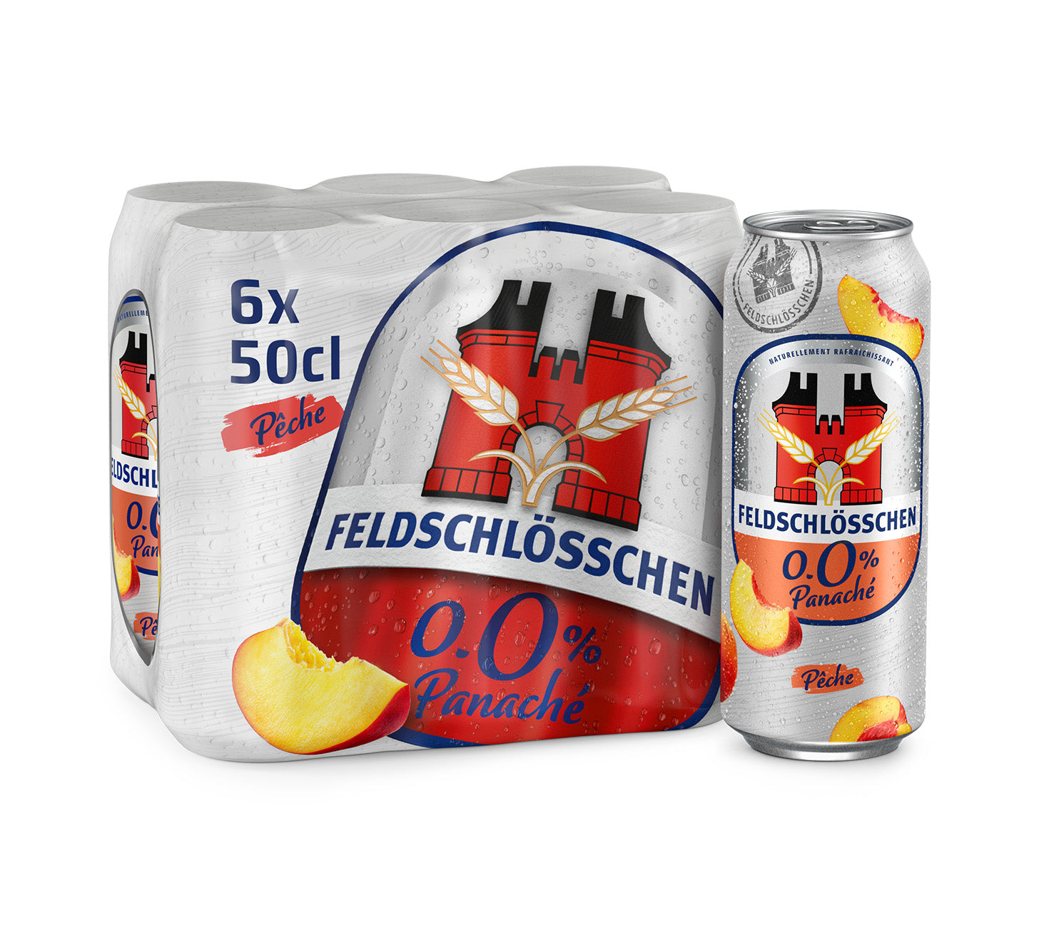 FR: Feldschlösschen Panaché Pêche 6×50 cl – boisson sans alcool fruitée à base de bière au goût pêche, en pack de canettes, sur fond neutre.
DE: Feldschlösschen Panaché Pfirsich 6×50 cl – fruchtiges alkoholfreies Biermischgetränk mit Pfirsichgeschmack im Dosenpack, vor neutralem Hintergrund.
IT: Feldschlösschen Panaché Pesca 6×50 cl – bevanda analcolica fruttata a base di birra al gusto di pesca in confezione di lattine, su sfondo neutro.