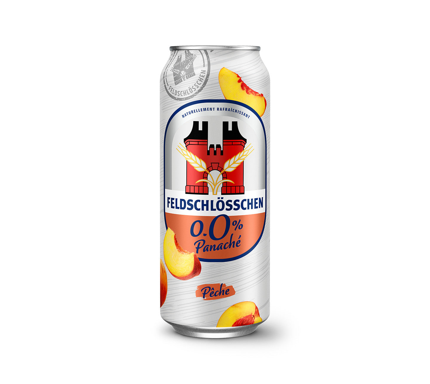 FR: Feldschlösschen Panaché Pêche 50 cl – boisson rafraîchissante sans alcool à base de bière et goût pêche, sur fond neutre.
DE: Feldschlösschen Panaché Pfirsich 50 cl – erfrischendes alkoholfreies Biermischgetränk mit Pfirsichgeschmack, vor neutralem Hintergrund.
IT: Feldschlösschen Panaché Pesca 50 cl – bevanda analcolica rinfrescante a base di birra al gusto di pesca, su sfondo neutro.
