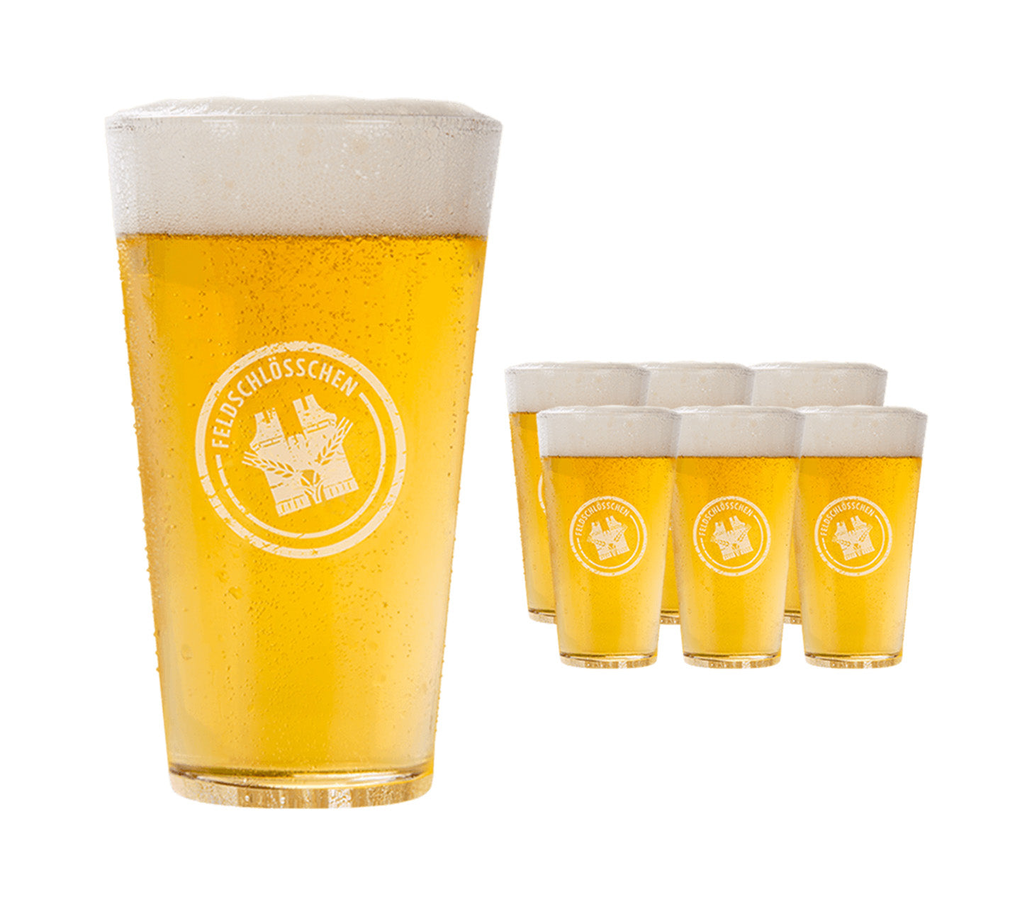DE: Feldschloesschen Bierglas 6×30 cl, gefüllte Gläser mit goldgelbem Bier und Schaumkrone, vor neutralem Hintergrund.

FR: Verres à bière Feldschloesschen 6×30 cl, verres remplis de bière dorée avec mousse, sur fond neutre.

IT: Bicchieri da birra Feldschloesschen 6×30 cl, bicchieri pieni di birra dorata con schiuma, su sfondo neutro.
