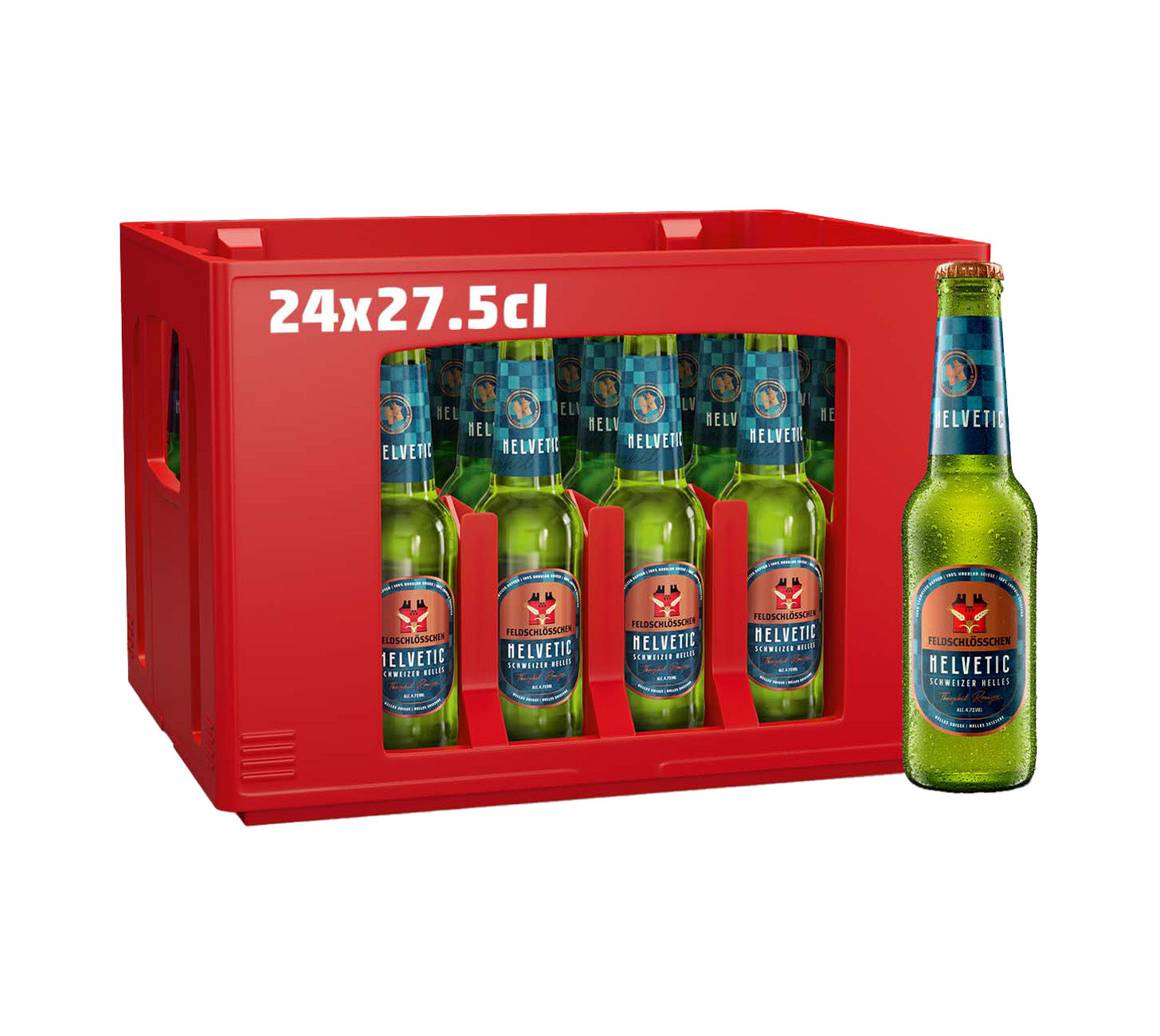 DE: Feldschloesschen Helvetic – mildes, ausgewogenes Schweizer Bier, 24x27.5cl Harasse, vor neutralem Hintergrund

FR: Feldschloesschen Helvetic – bière suisse douce et équilibrée, casier de 24x27.5cl, sur fond neutre

IT: Feldschloesschen Helvetic – birra svizzera dal gusto morbido ed equilibrato, cassetta da 24x27.5cl, su sfondo neutro
