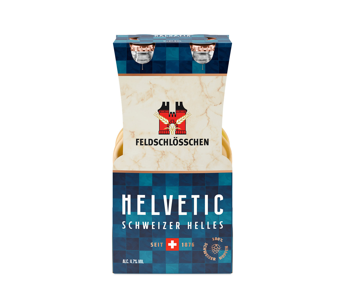 DE: Feldschlösschen Helvetic – mildes, ausgewogenes Schweizer Bier, 4×27.5cl Flaschenpack, vor neutralem Hintergrund.

FR: Feldschlösschen Helvetic – bière suisse douce et équilibrée, pack de 4 bouteilles 27.5cl, sur fond neutre.

IT: Feldschlösschen Helvetic – birra svizzera dal gusto morbido ed equilibrato, confezione da 4 bottiglie da 27.5cl, su sfondo neutro.