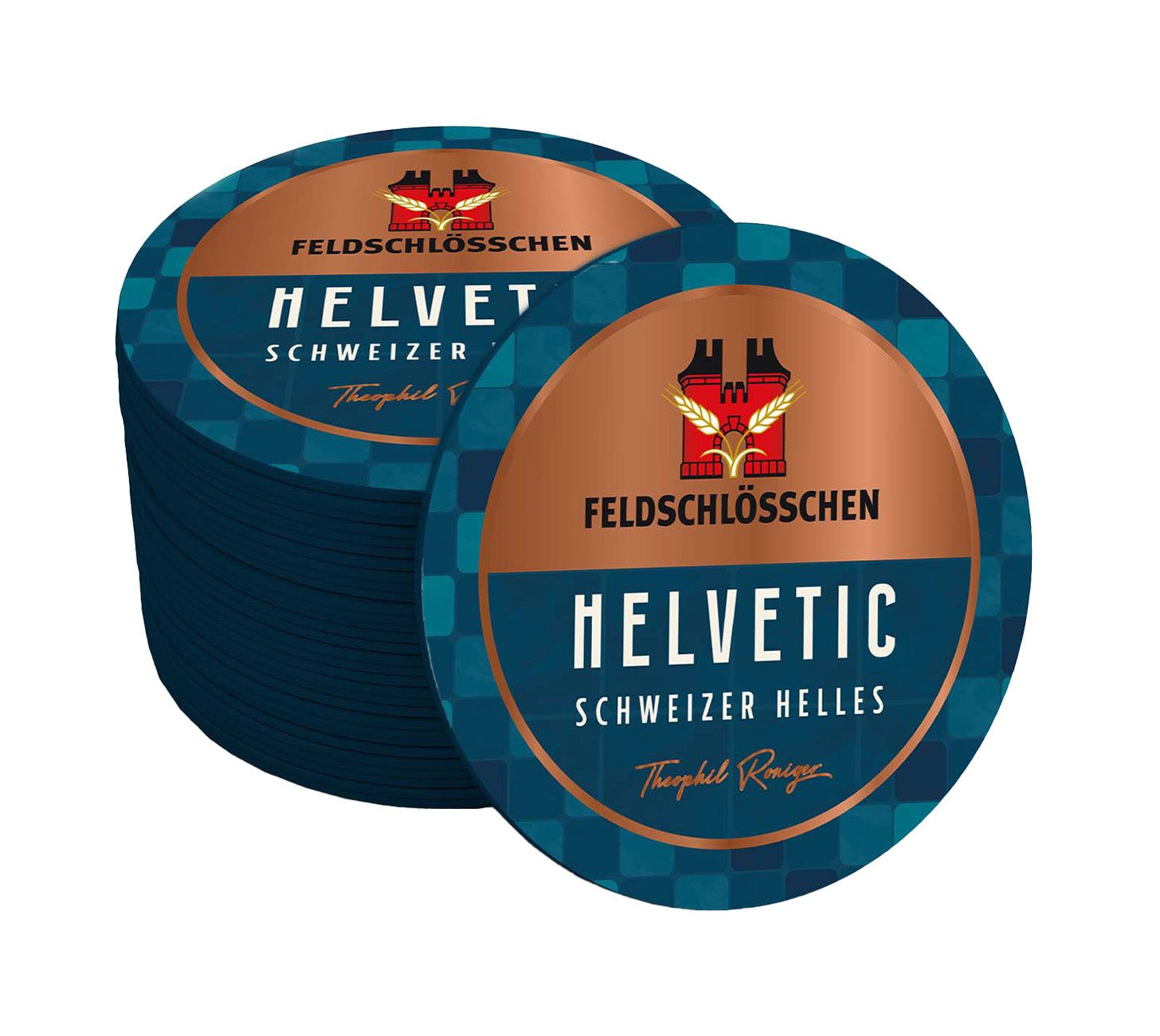 DE: Feldschloesschen Helvetic – Schweizer Helles Bier, Stapel runder Bierdeckel mit Logo, vor neutralem Hintergrund

FR: Feldschloesschen Helvetic – bière blonde suisse, pile de sous-bocks ronds avec logo, sur fond neutre

IT: Feldschloesschen Helvetic – birra chiara svizzera, pila di sottobicchieri rotondi con logo, su sfondo neutro