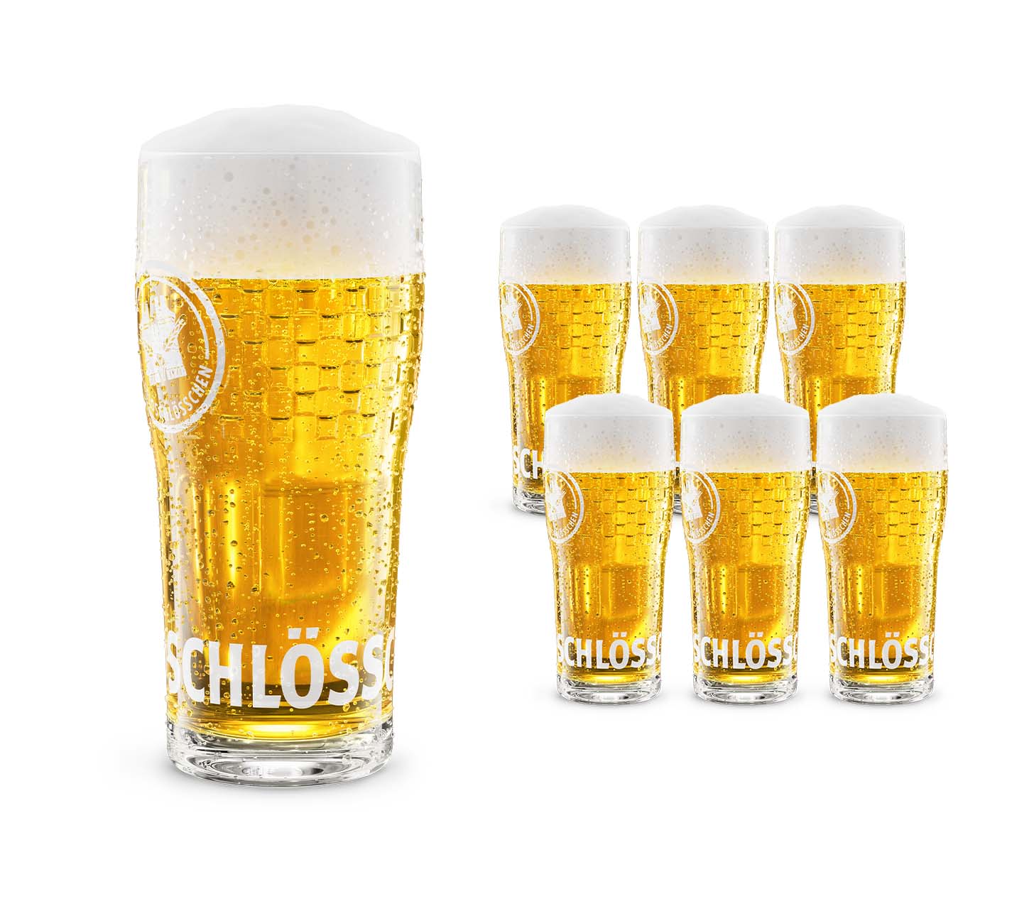 DE: Feldschloesschen Bierglas – hohes Glas mit goldfarbenem Bier und Schaumkrone, Einzelexemplar bzw. 6er-Set, vor neutralem Hintergrund

FR: Feldschloesschen Verre à bière – grand verre avec bière dorée et mousse, exemplaire unique ou set de 6, sur fond neutre

IT: Feldschloesschen Bicchiere da birra – bicchiere alto con birra dorata e schiuma, singolo o set da 6, su sfondo neutro