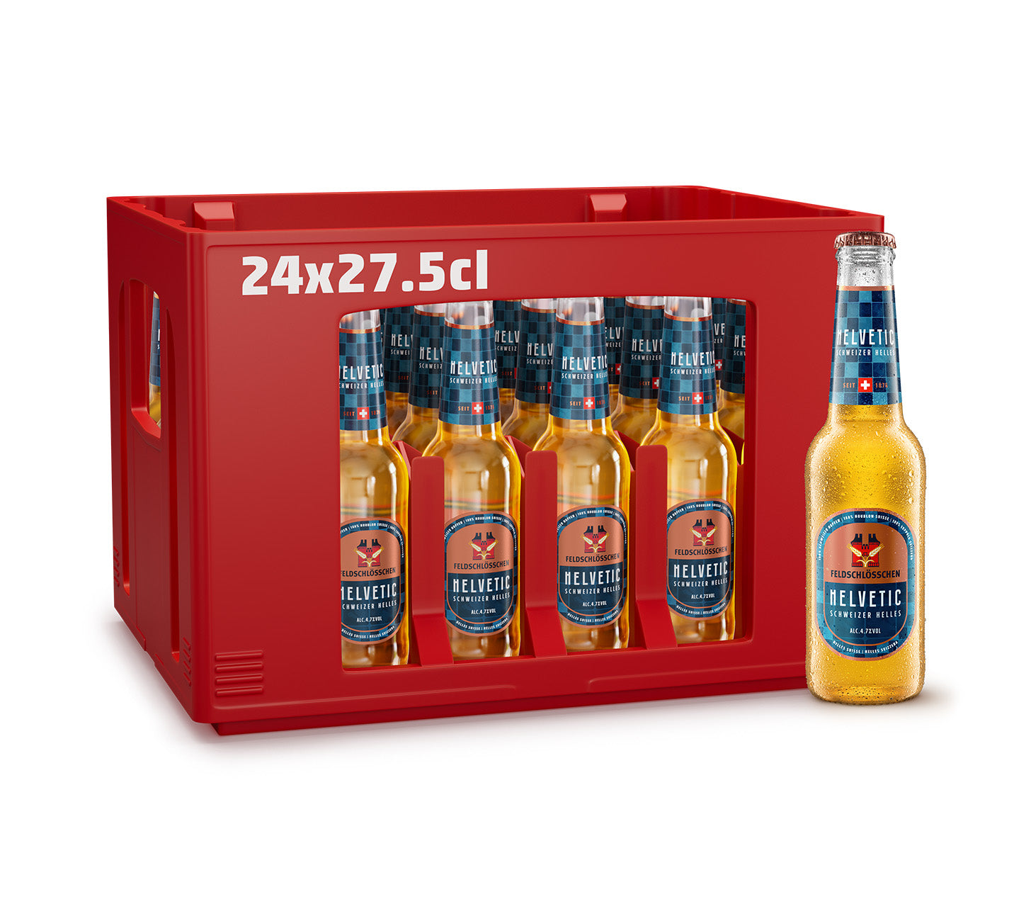 DE: Feldschloesschen Helvetic – mildes, ausgewogenes Schweizer Bier, 24x27.5cl Harasse, MHI vor neutralem Hintergrund

FR: Feldschloesschen Helvetic – bière suisse douce et équilibrée, casier de 24x27.5cl, MHI sur fond neutre

IT: Feldschloesschen Helvetic – birra svizzera dal gusto morbido ed equilibrato, cassetta da 24x27.5cl, MHI su sfondo neutro