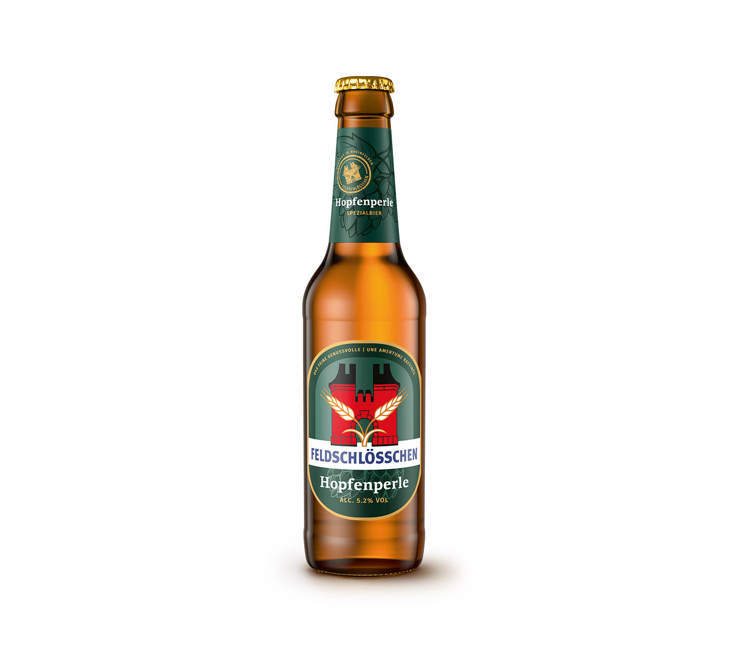 Feldschloesschen Hopfenperle Spezialbier Flasche 33cl, aromatisches Schweizer Bier mit 5.2% Alkoholgehalt, ausgewogener Geschmack mit feiner Hopfennote – vor neutralem Hintergrund.