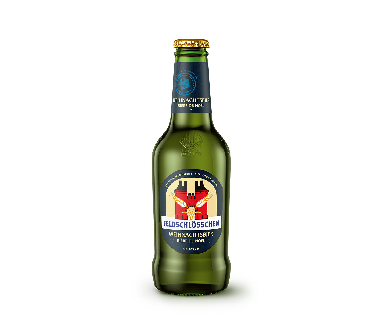 DE: Feldschloesschen Weihnachtsbier 33cl – festliches Bier mit winterlichem Geschmack, Einzelflasche, vor neutralem Hintergrund

FR: Feldschloesschen Bière de Noël 33cl – bière festive au goût hivernal, bouteille individuelle, sur fond neutre

IT: Feldschloesschen Birra di Natale 33cl – birra festiva dal sapore invernale, bottiglia singola, su sfondo neutro