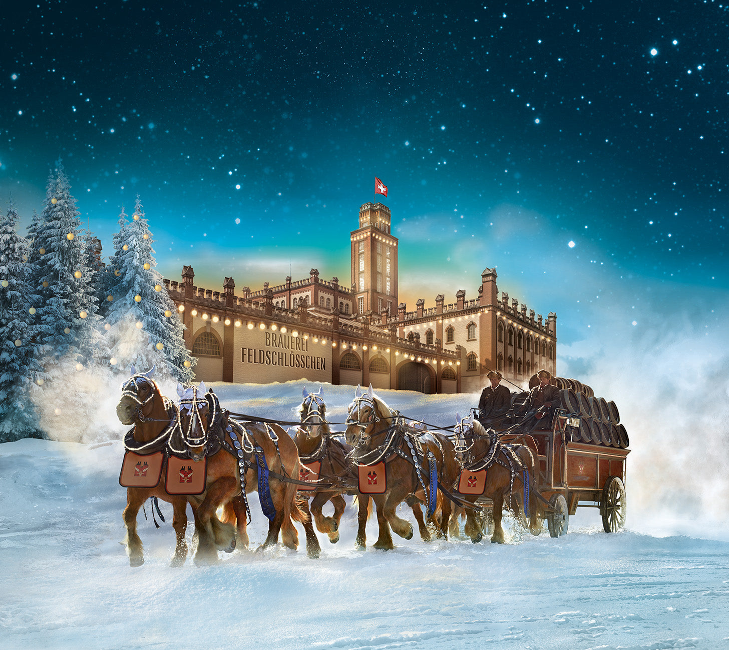 DE: Feldschloesschen Weihnachtsbier – stimmungsvolles Wintermotiv mit Pferdekutsche vor dem beleuchteten Feldschloesschen-Schloss, vor neutralem Hintergrund

FR: Feldschloesschen Bière de Noël – scène hivernale avec calèche devant le château illuminé de Feldschloesschen, sur fond neutre

IT: Feldschloesschen Birra di Natale – scena invernale con carrozza davanti al castello illuminato di Feldschloesschen, su sfondo neutro