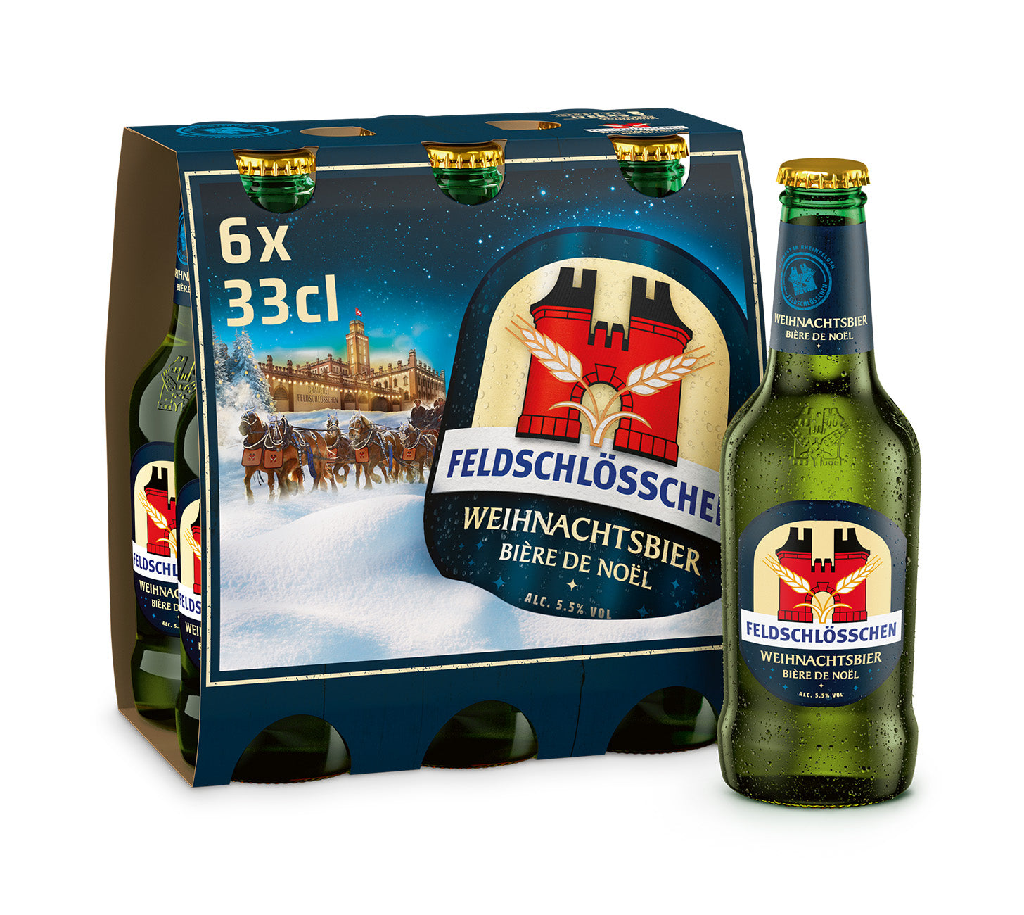DE: Feldschloesschen Weihnachtsbier 6x33cl – festliches Bier mit winterlichem Charakter, Sixpack, vor neutralem Hintergrund

FR: Feldschloesschen Bière de Noël 6x33cl – bière festive au caractère hivernal, pack de six, sur fond neutre

IT: Feldschloesschen Birra di Natale 6x33cl – birra festiva dal carattere invernale, confezione da sei, su sfondo neutro