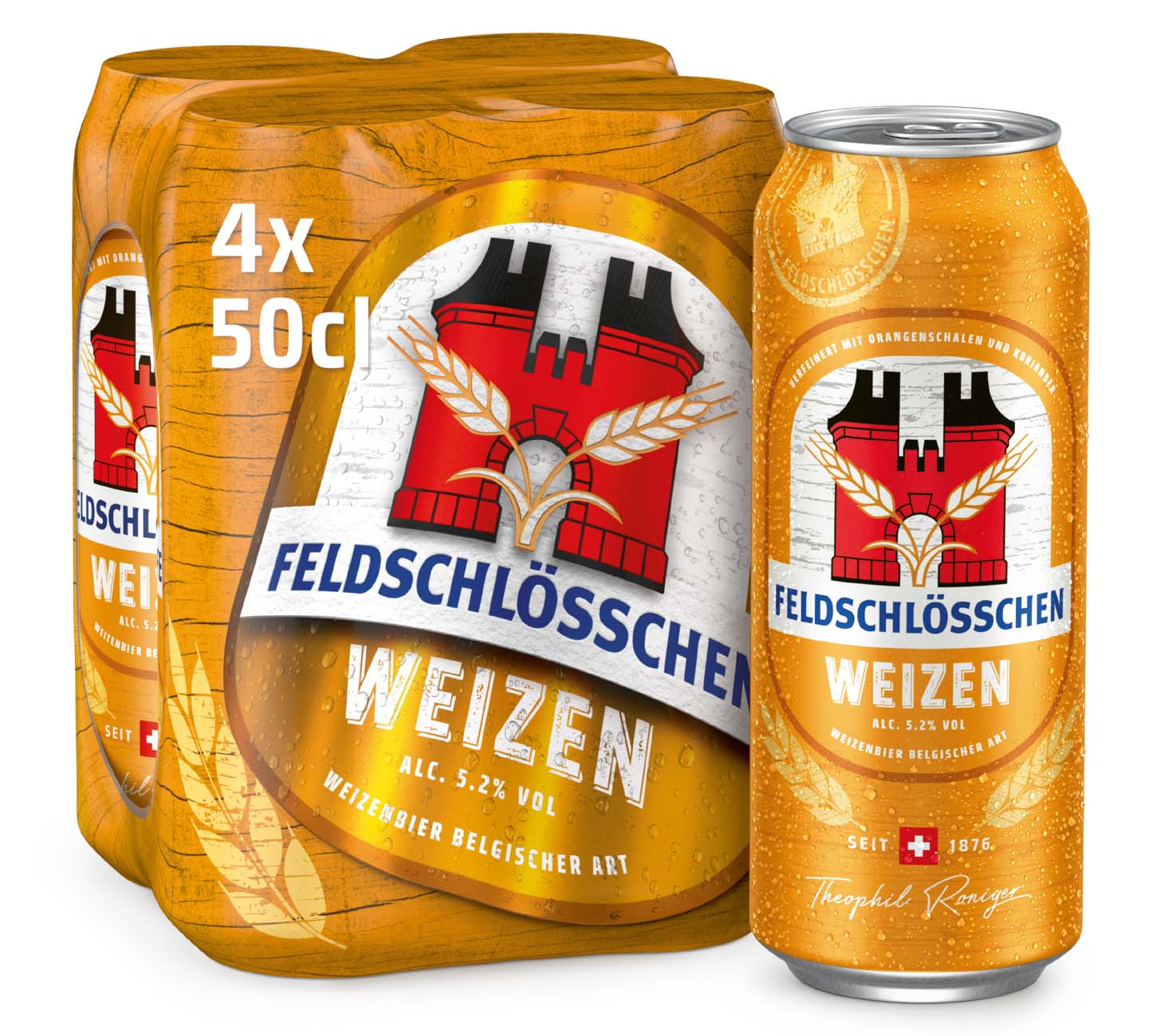 DE: Feldschloesschen Weizen – spritziges Weizenbier, 4x50 cl Dosen Pack, vor neutralem Hintergrund

FR: Feldschloesschen Weizen – bière blanche, pack de 4x50 cl canettes, sur fond neutre

IT: Feldschloesschen Weizen – birra di frumento, confezione da 4x50 cl lattine, su sfondo neutro