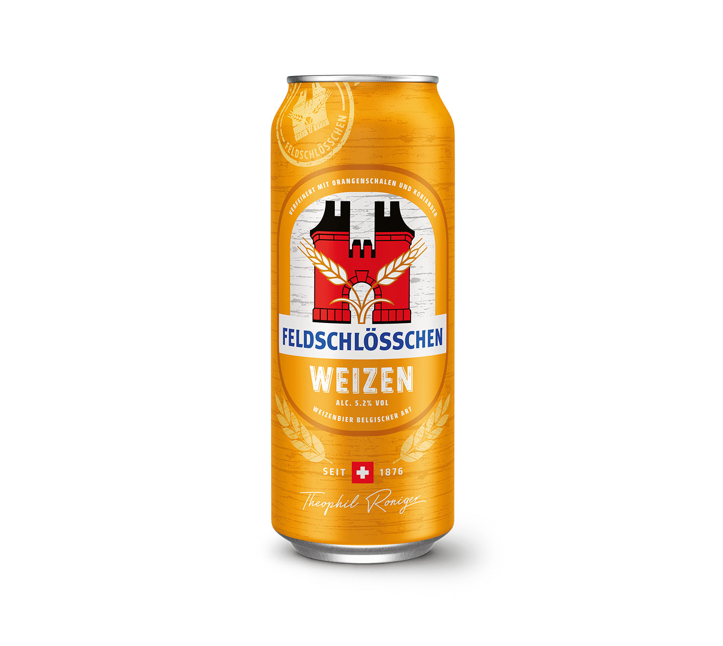 DE: Feldschloesschen Weizen – spritziges Weizenbier, Einzeldose, vor neutralem Hintergrund

FR: Feldschloesschen Weizen – bière blanche, canette individuelle, sur fond neutre

IT: Feldschloesschen Weizen – birra di frumento, lattina singola, su sfondo neutro