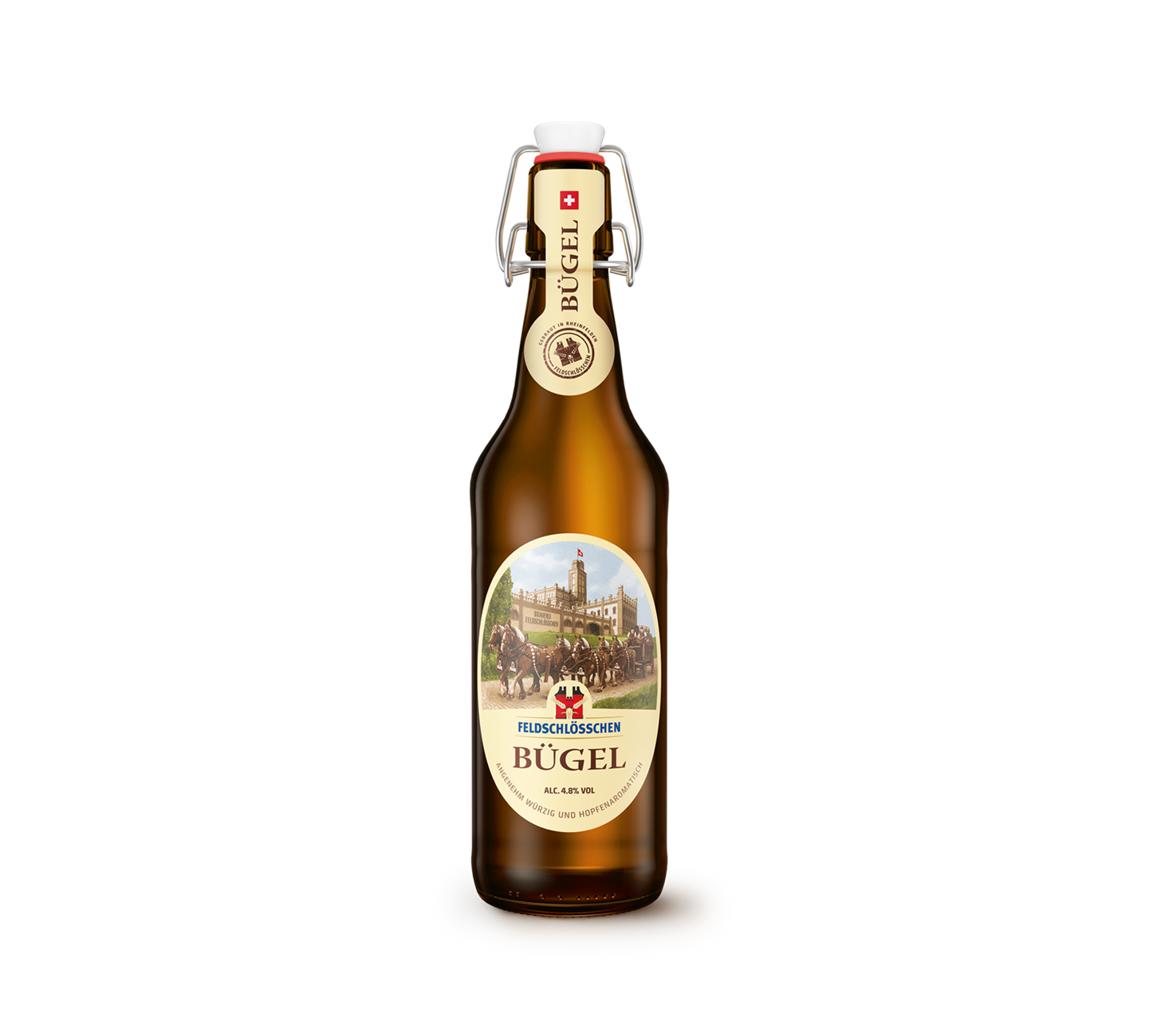 Feldschlösschen Bügel Bier Einzelflasche 50cl, Schweizer Bier, Premium Lager, Glasflasche, vor neutralem Hintergrund