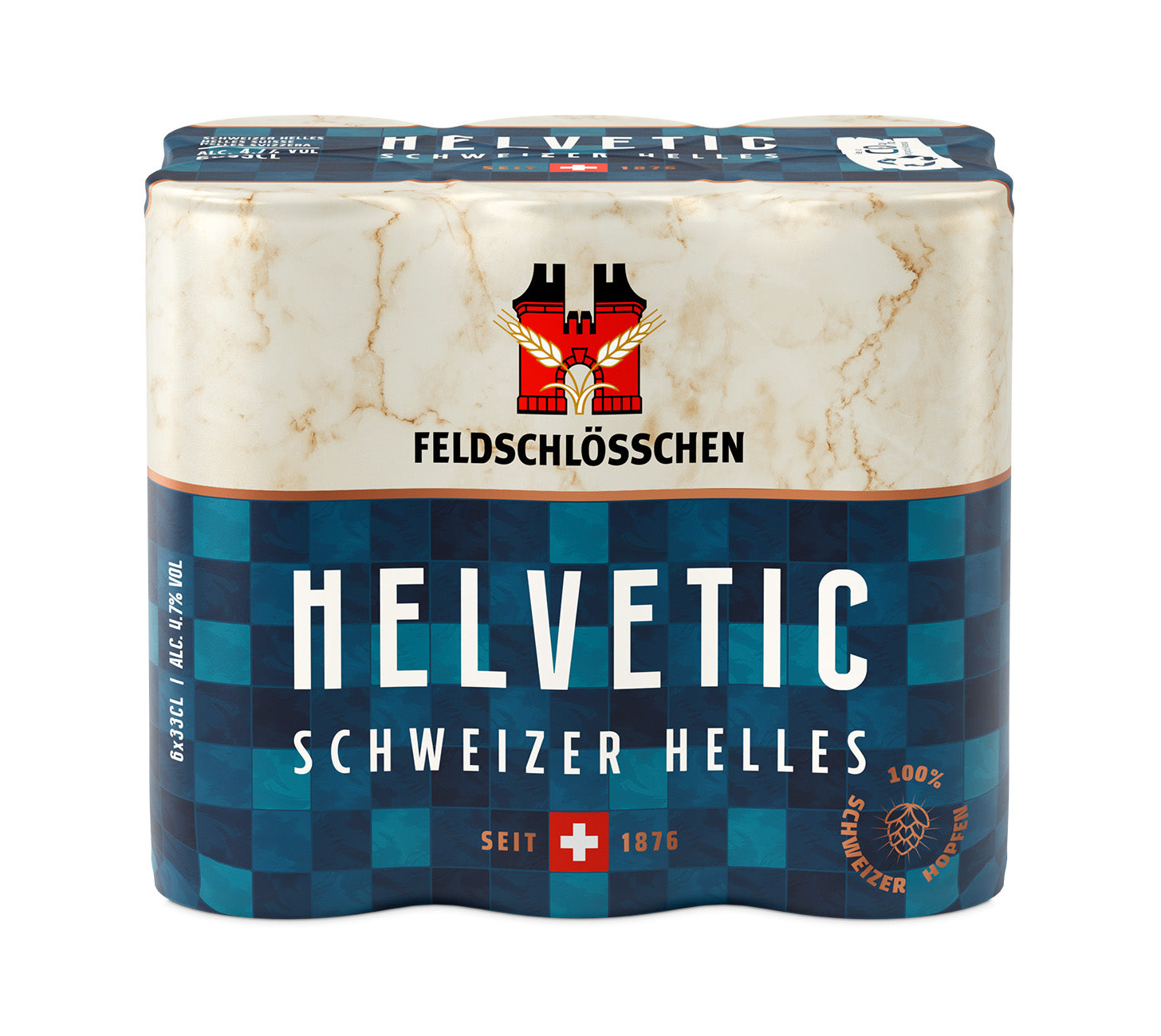 DE: Feldschlösschen Helvetic – mildes, ausgewogenes Schweizer Bier, 6×33cl Dosenpack, vor neutralem Hintergrund.

FR: Feldschlösschen Helvetic – bière suisse douce et équilibrée, pack de 6 canettes 33cl, sur fond neutre.

IT: Feldschlösschen Helvetic – birra svizzera dal gusto morbido ed equilibrato, confezione da 6 lattine da 33cl, su sfondo neutro.