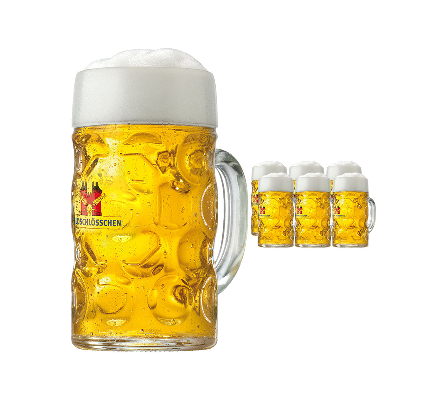DE: Feldschloesschen Masskrug mit 100 cl Bier und Schaum, daneben mehrere Krüge im Hintergrund, vor neutralem Hintergrund

FR: Chope Feldschloesschen de 100 cl remplie de bière avec mousse, plusieurs chopes à l’arrière-plan, sur fond neutre

IT: Boccale Feldschloesschen da 100 cl pieno di birra con schiuma, diversi boccali sullo sfondo, su sfondo neutro