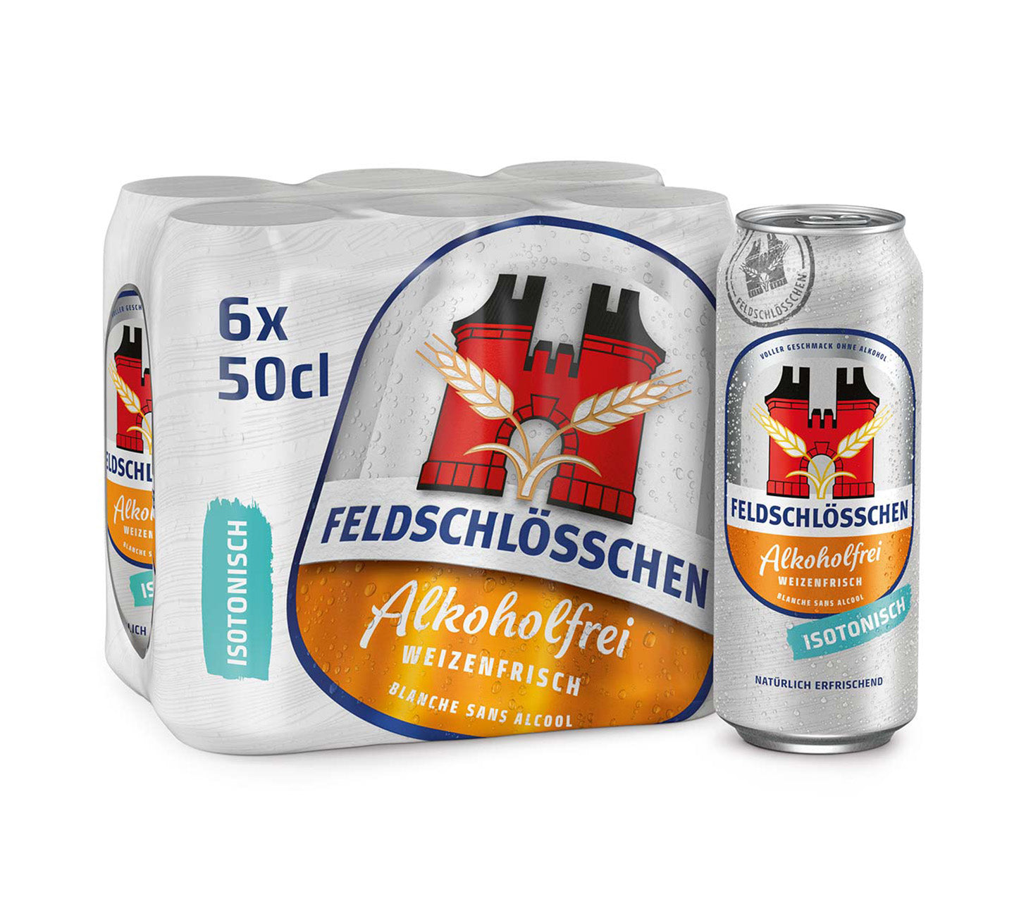 DE: Feldschlösschen Alkoholfrei Weizenfrisch 6×50 cl – fruchtig-erfrischendes, isotonisches alkoholfreies Weissbier im Dosenpack, vor neutralem Hintergrund.
FR: Feldschlösschen Sans Alcool Weizenfrisch 6×50 cl – bière blanche sans alcool, isotonique et fruitée, en pack de canettes, sur fond neutre.
IT: Feldschlösschen Analcolica Weizenfrisch 6×50 cl – birra bianca analcolica isotonica e fruttata in confezione di lattine, su sfondo neutro.