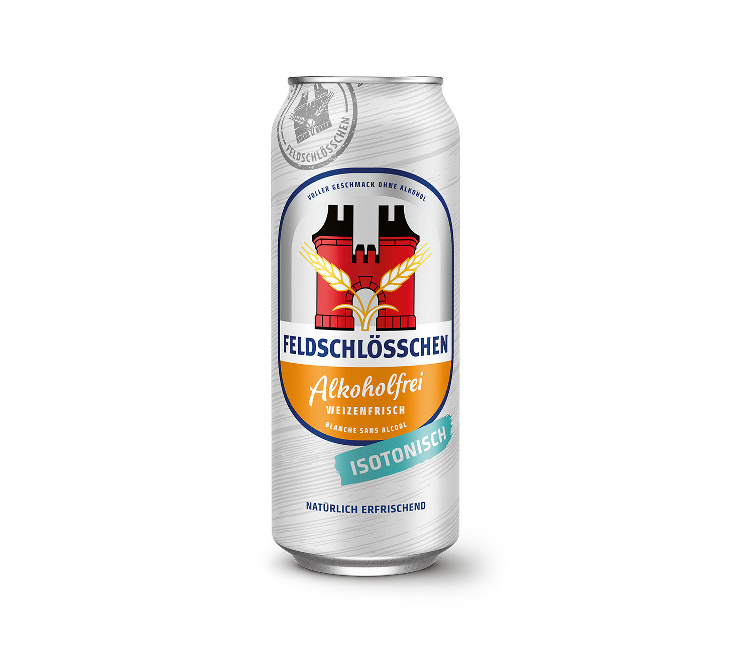 Feldschloesschen Alkoholfrei Weizenfrisch 50cl Dose, isotonisches alkoholfreies Weissbier, mild und natürlich erfrischend – vor neutralem Hintergrund.