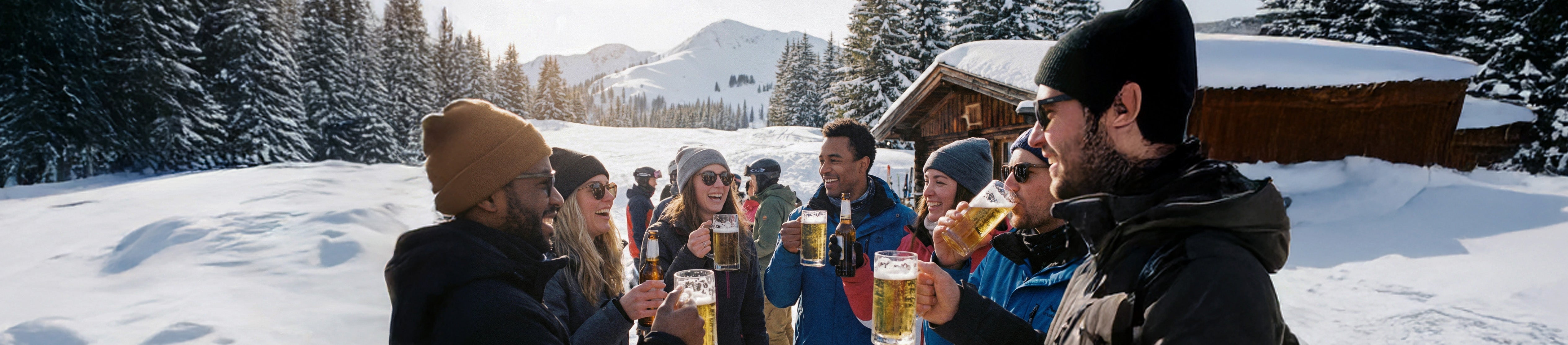 DE: Gruppe junger Erwachsener genießt Après-Ski im Winter, steht lachend im Schnee vor einer Berghütte und stößt mit Winterbieren in sonniger Alpenkulisse an.

FR: Groupe de jeunes adultes profitant de l’après-ski en hiver, riant et trinquant avec des bières d’hiver devant un chalet de montagne dans un décor alpin ensoleillé.

IT: Gruppo di giovani adulti che si godono l’après-ski in inverno, ridono e brindano con birre invernali davanti a uno chalet di montagna in un paesaggio alpino soleggiato.