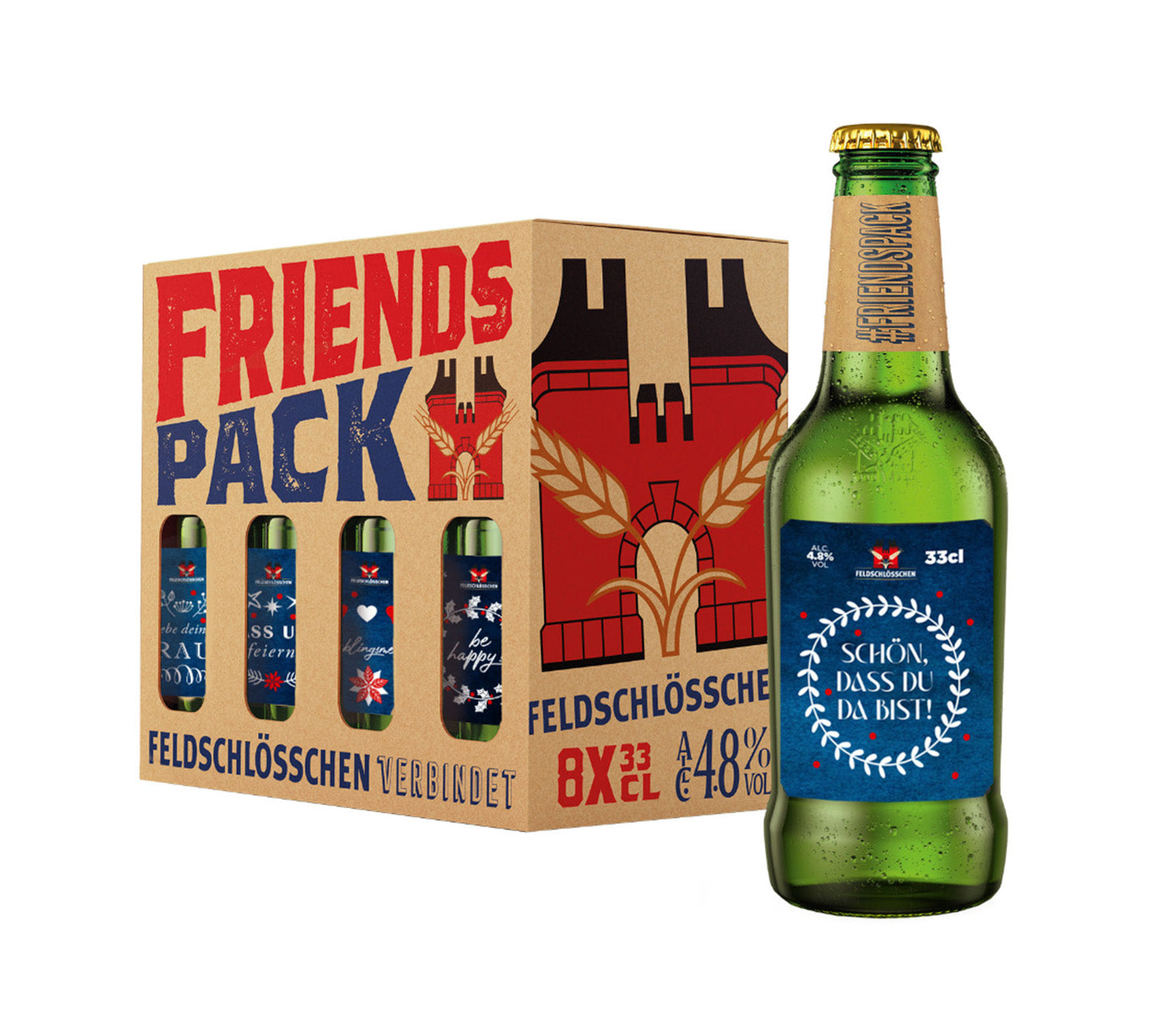 DE: Feldschloesschen Friends Pack Dankeschoen – Geschenkpackung mit 8x33cl Bierflaschen im blauen Design, Motiv „Schön, dass du da bist!“, mit Kartonverpackung vor neutralem Hintergrund.
FR: Feldschloesschen Friends Pack Merci – coffret cadeau avec 8 bouteilles de bière 33cl au design bleu, motif « Heureux que tu sois là! », sur fond neutre.
IT: Feldschloesschen Friends Pack Grazie – confezione regalo con 8 bottiglie di birra da 33cl dal design blu, motivo « Felice che tu sia qui! », su sfondo neutro.