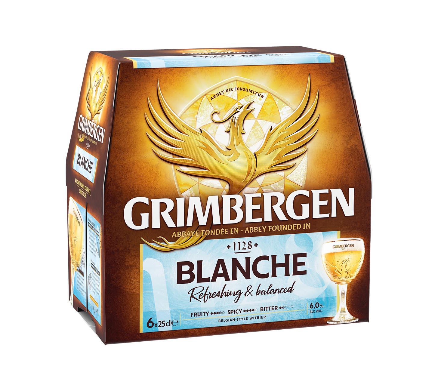 DE: Grimbergen Blanche Bier 6x25cl – belgisches Abteibier, Verpackung mit goldenem Phönix-Logo und Glasabbildung, erfrischendes Witbier vor weißem Hintergrund.

FR: Grimbergen Blanche bière 6x25cl – emballage brun avec logo doré du phénix et verre illustré, bière blanche d’abbaye belge sur fond blanc.

IT: Birra Grimbergen Blanche 6x25cl – confezione marrone con logo dorato della fenice e bicchiere illustrato, birra bianca d’abbazia belga su sfondo bianco.