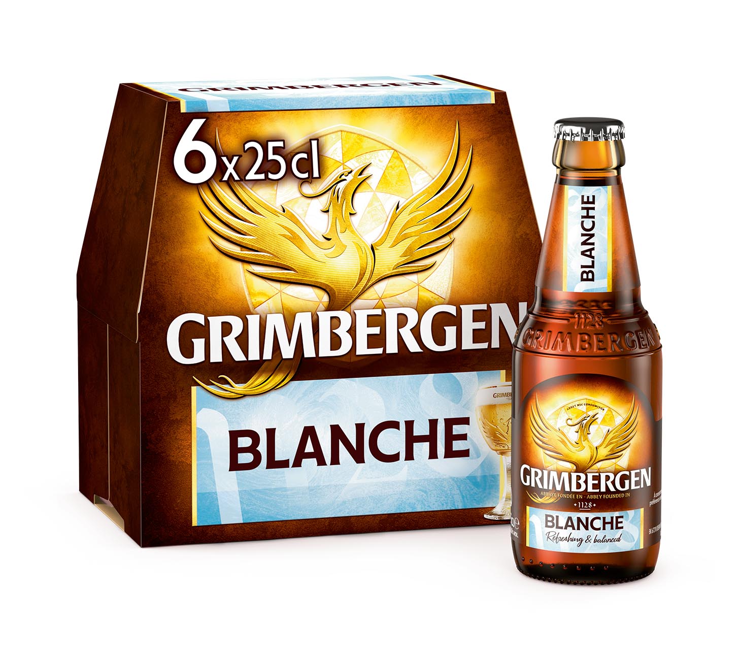 DE: Grimbergen Blanche Bier 25cl 6-Pack – Set mit belgischem Klosterbier, Flasche und Karton mit Phönix-Logo und hellblauem Etikett vor weissem Hintergrund.

FR: Grimbergen Blanche bière 25cl coffret 6 – pack avec bouteille et emballage brun au logo du phénix doré sur fond blanc.

IT: Birra Grimbergen Blanche 25cl confezione da 6 – set con bottiglia e confezione marrone con logo dorato della fenice su sfondo bianco.