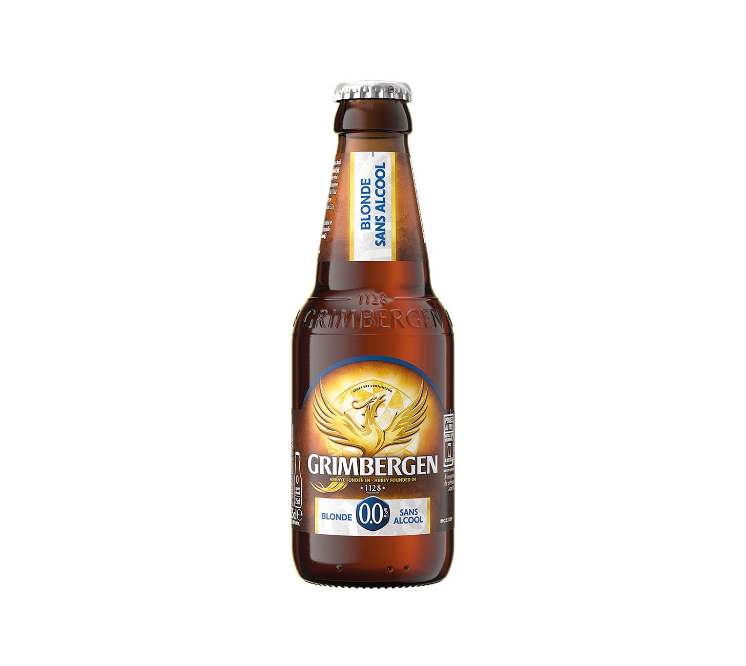 DE: Grimbergen Blonde 0.0 Bier 25cl – alkoholfreies belgisches Klosterbier in brauner Flasche mit goldblauem Etikett und Phönix-Logo vor weissem Hintergrund.

FR: Bière Grimbergen Blonde 0.0 25cl – bière blonde d’abbaye belge sans alcool en bouteille brune avec étiquette dorée et bleue sur fond blanc.

IT: Birra Grimbergen Blonde 0.0 25cl – birra bionda d’abbazia belga analcolica in bottiglia ambrata con etichetta oro e blu su sfondo bianco.