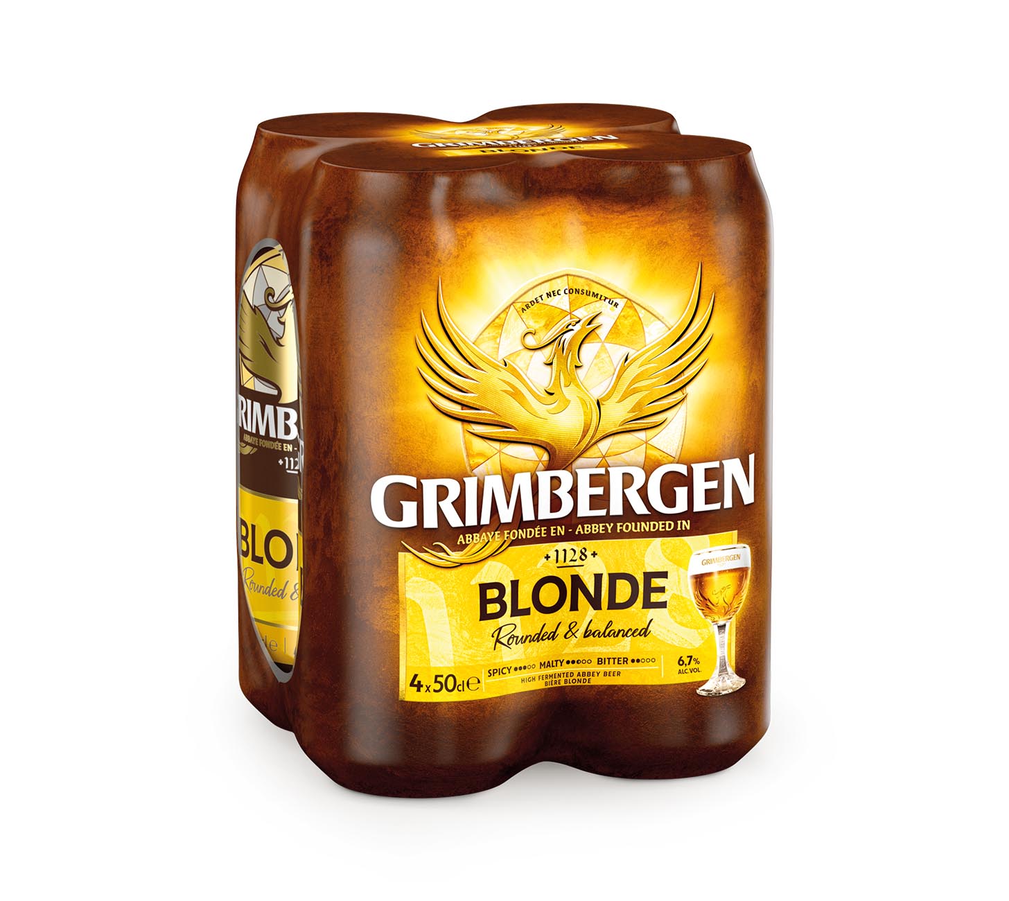 DE: Grimbergen Blonde Bier 4x50cl – Vorratspack mit vier goldbraunen Dosen belgischen Klosterbiers, Verpackung mit Phönix-Logo vor weißem Hintergrund.

FR: Grimbergen Blonde bière 4x50cl – pack de quatre canettes dorées de bière d’abbaye belge avec logo du phénix sur fond blanc.

IT: Birra Grimbergen Blonde 4x50cl – confezione da quattro lattine dorate di birra d’abbazia belga con logo della fenice su sfondo bianco.