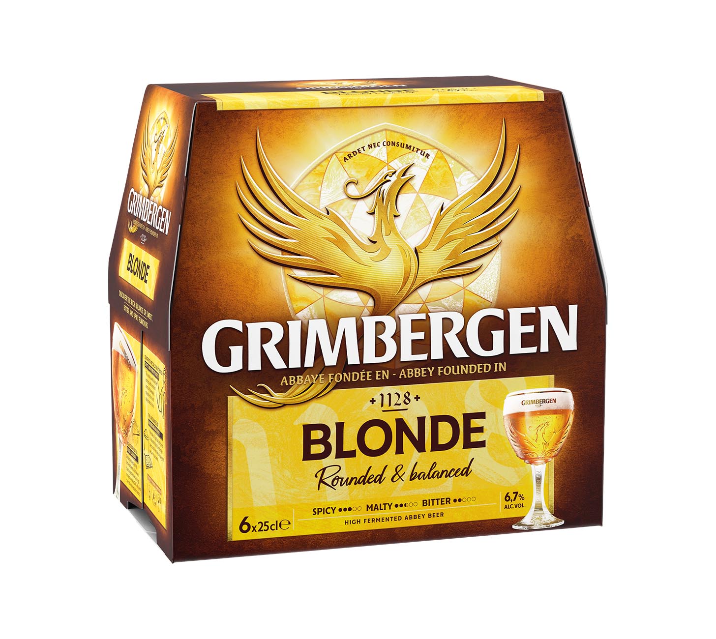 DE: Grimbergen Blonde Bier 6x25cl – Verpackung mit goldgelbem Phönix-Logo, belgisches Abteibier, rund und ausgewogen im Geschmack vor weissem Hintergrund.

FR: Grimbergen Blonde bière 6x25cl – emballage brun avec logo du phénix doré, bière d’abbaye belge, ronde et équilibrée sur fond blanc.

IT: Birra Grimbergen Blonde 6x25cl – confezione marrone con logo della fenice dorata, birra d’abbazia belga dal gusto equilibrato su sfondo bianco.