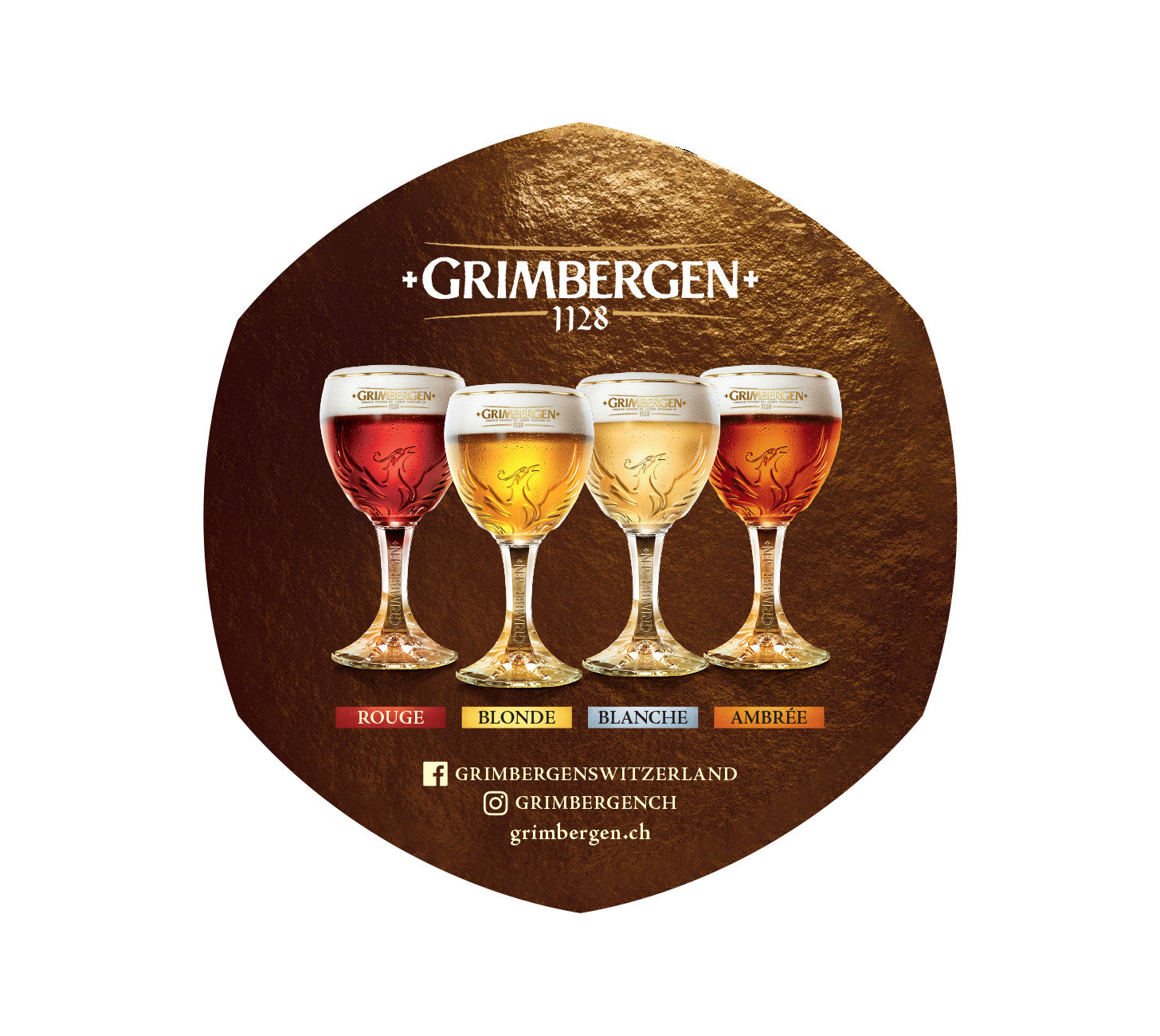 DE: Grimbergen Bierteller Rückseite – goldener Phönix mit Schriftzug „Grimbergen 1128“ auf braunem Hintergrund.

FR: Dos du sous-verre Grimbergen – phénix doré avec l’inscription « Grimbergen 1128 » sur fond brun.

IT: Retro del sottobicchiere Grimbergen – fenice dorata con scritta « Grimbergen 1128 » su sfondo marrone.