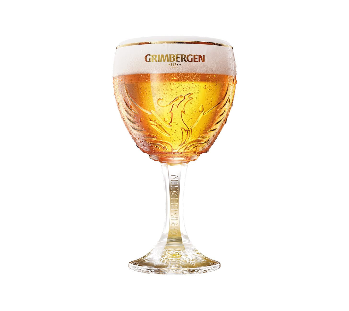 DE: Grimbergen Phoenix Glas 50cl – kleines elegantes Bierglas mit Phönix-Logo und Gravur „Grimbergen 1128“, gefüllt mit goldgelbem Bier vor weißem Hintergrund.

FR: Verre Grimbergen Phoenix 50cl – petit verre à bière élégant avec logo du phénix et inscription « Grimbergen 1128 », rempli de bière dorée sur fond blanc.

IT: Bicchiere Grimbergen Phoenix 50cl – piccolo bicchiere da birra elegante con logo della fenice e incisione « Grimbergen 1128 », riempito di birra dorata su sfondo bianco.

