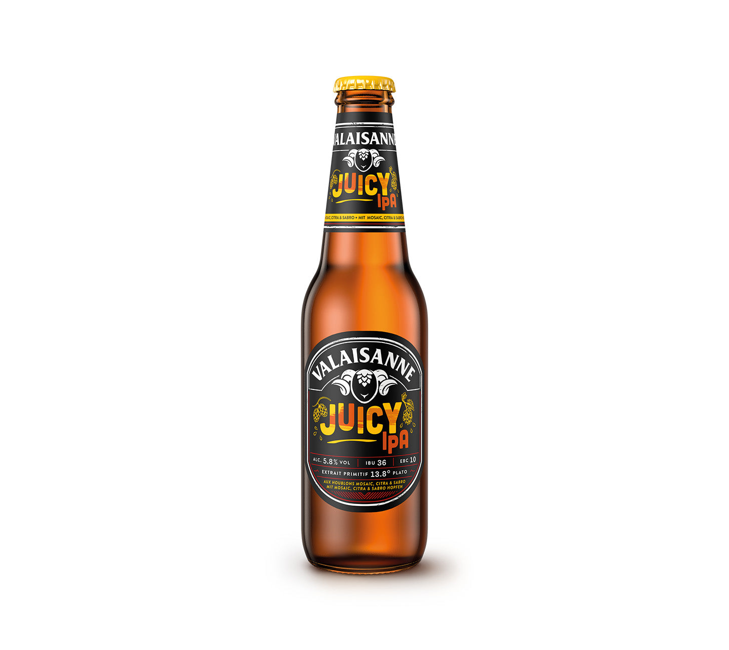 DE: Valaisanne Juicy IPA 33cl – fruchtiges IPA mit tropischen Noten und feiner Bitterkeit, vor neutralem Hintergrund.

FR: Valaisanne Juicy IPA 33cl – IPA fruitée aux notes tropicales et amertume delicate, sur fond neutre.

IT: Valaisanne Juicy IPA 33cl – IPA fruttata con aromi tropicali e un tocco delicato di luppolo, su sfondo neutro.