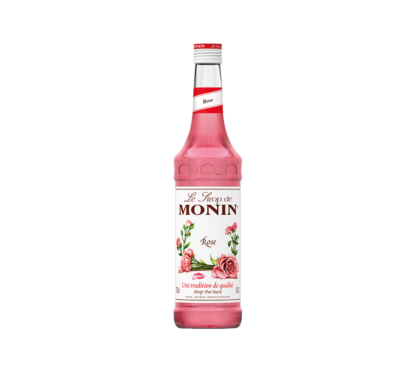 DE: Monin Rose Sirup – aromatischer Rosensirup mit blumigem Duft, perfekt für Cocktails, Limonaden, Mocktails oder Desserts. Verleiht elegante, florale Noten.