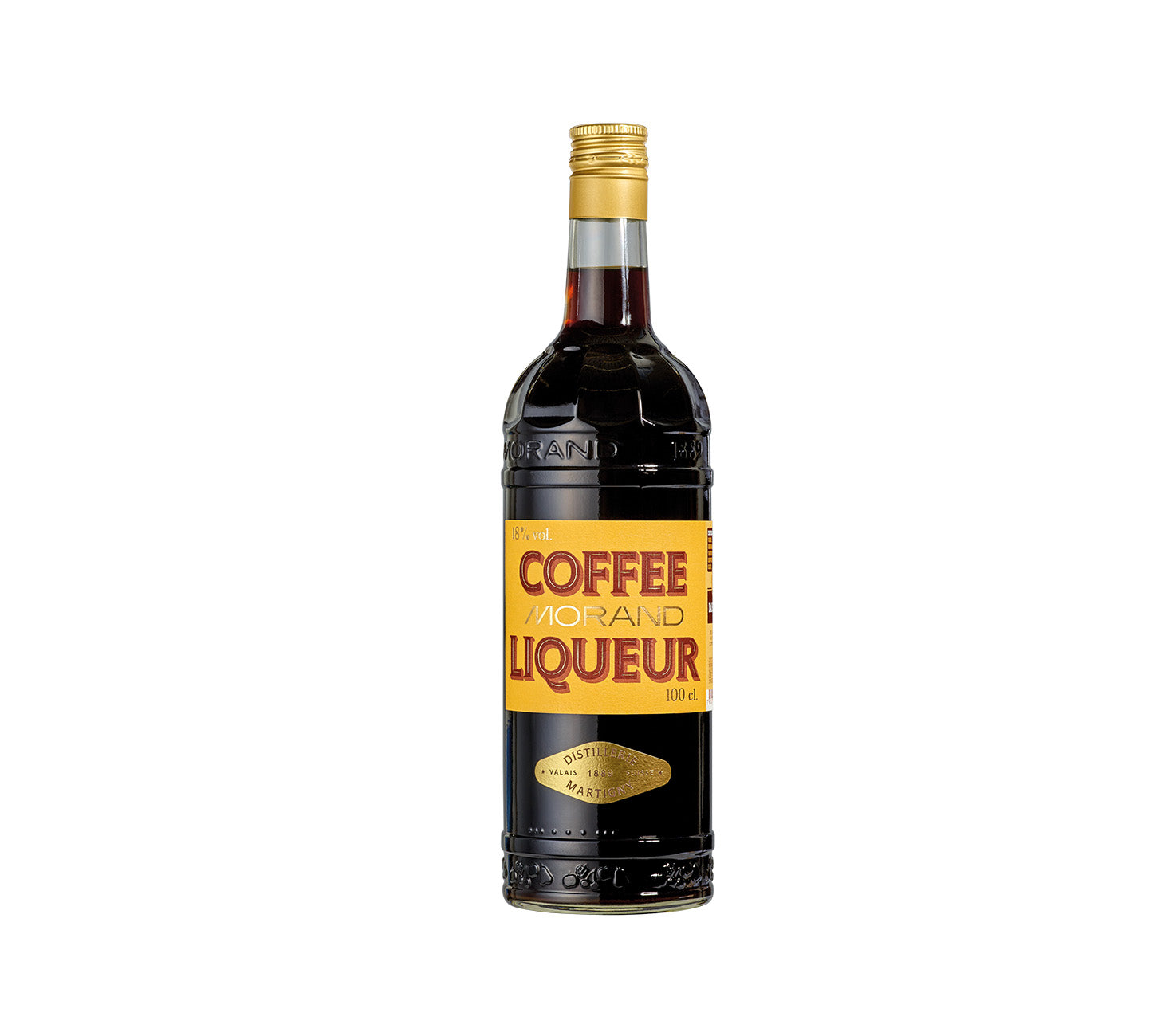 Deutsch:
Morand Coffee Liqueur, 100 cl Glasflasche, Kaffeelikör mit 18 % Vol. aus der Distillerie Morand in Martigny.

Französisch:
Morand Coffee Liqueur, bouteille en verre de 100 cl, liqueur au café à 18 % vol. de la Distillerie Morand à Martigny.

Italienisch:
Morand Coffee Liqueur, bottiglia in vetro da 100 cl, liquore al caffè con 18 % vol. della Distilleria Morand di Martigny.