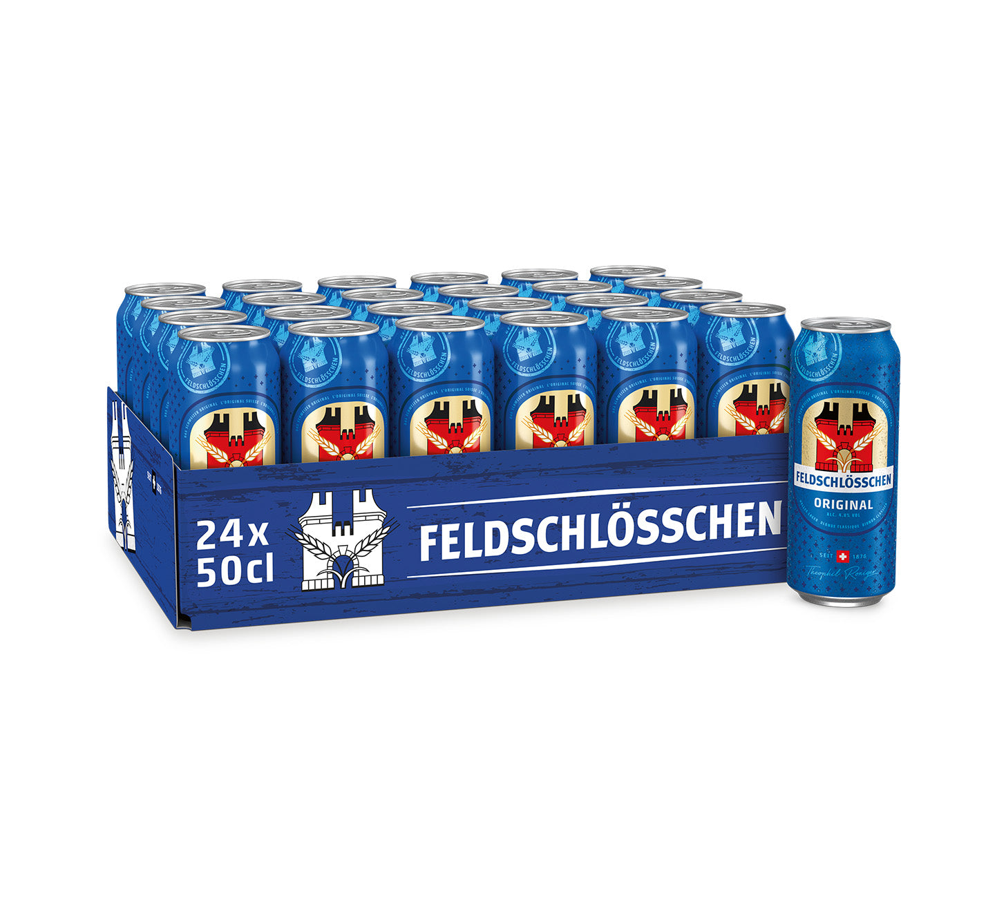 DE: Feldschlösschen Original 24×50 cl – blauer Getränkekarton mit 24 Bierdosen à 50 cl und klassischem Feldschlösschen-Logo, vor neutralem Hintergrund.
FR: Feldschlösschen Original 24×50 cl – carton bleu contenant 24 canettes de bière de 50 cl avec le logo classique Feldschlösschen, sur fond neutre.
IT: Feldschlösschen Original 24×50 cl – cartone blu con 24 lattine di birra da 50 cl con il classico logo Feldschlösschen, su sfondo neutro.
