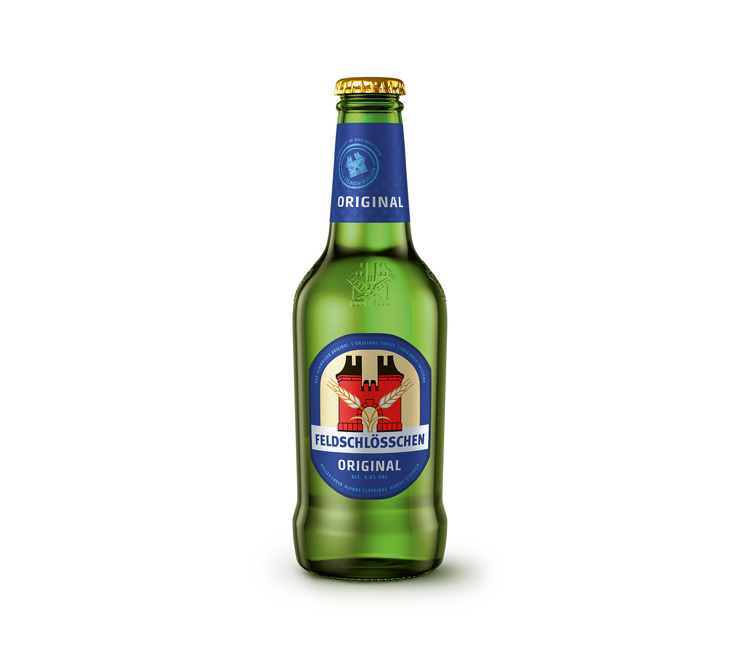 Feldschloesschen Original Bierflasche 33cl – Schweizer Lagerbier, Feldschloesschen Original, frisches Bier, Glasflasche Bier, vor neutralem Hintergrund