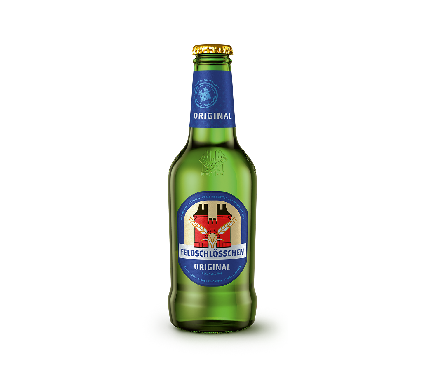 Feldschloesschen Original Bierflasche 33cl – Schweizer Lagerbier, Feldschloesschen Original, frisches Bier, Glasflasche Bier, vor neutralem Hintergrund