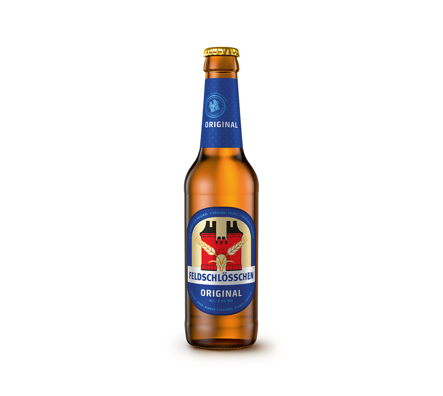 Feldschlösschen Original Bier Einzelflasche 33cl, Schweizer Lager Bier vor neutralem Hintergrund